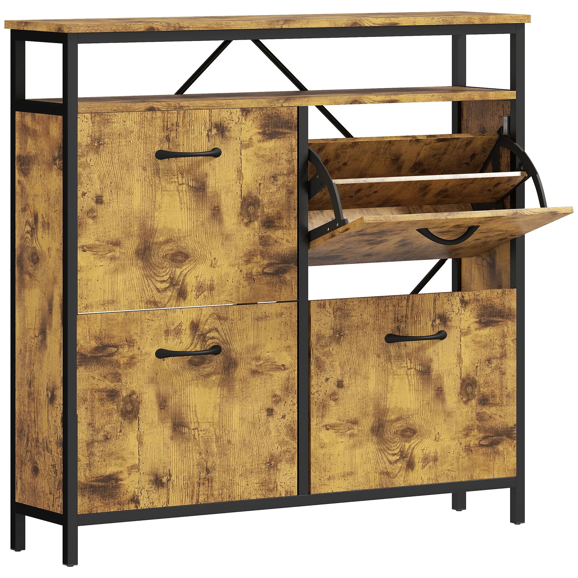 Siauros konstrukcijos batų spinta su 4 atlenkiamais stalčiais, atvira lentyna, talpa 12-20 porų batų, plieninė, ruda