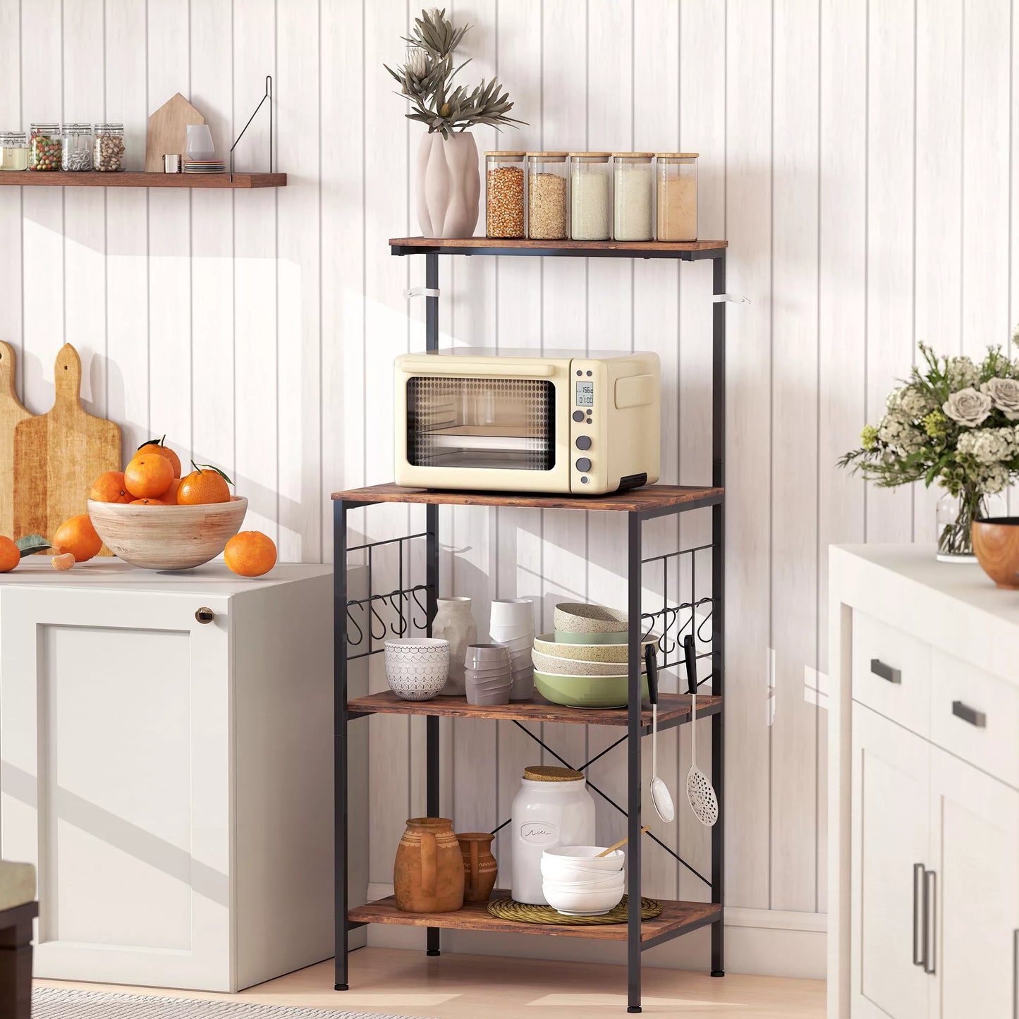 Virtuvės lentynos, 4 pakopų dizainas, stalviršis, 8 kabliai, metaliniai vamzdžiai, rudos ir juodos spalvos