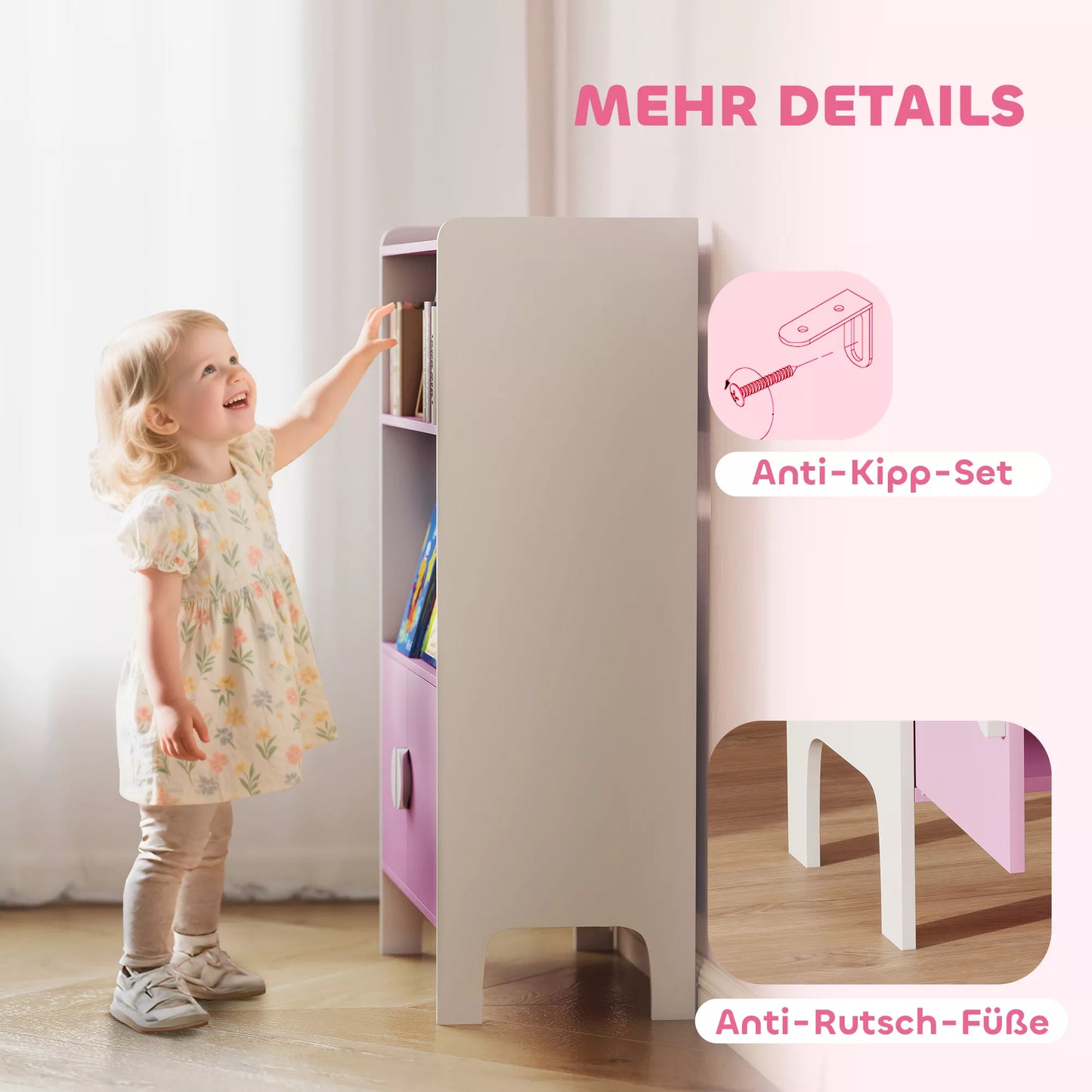 Vaikų knygų lentyna, 2 lentynos, 2 spintelės, laisvai stovinti, apsaugota nuo apvirtimo, neslystančios kojelės, MDF, rožinė + balta