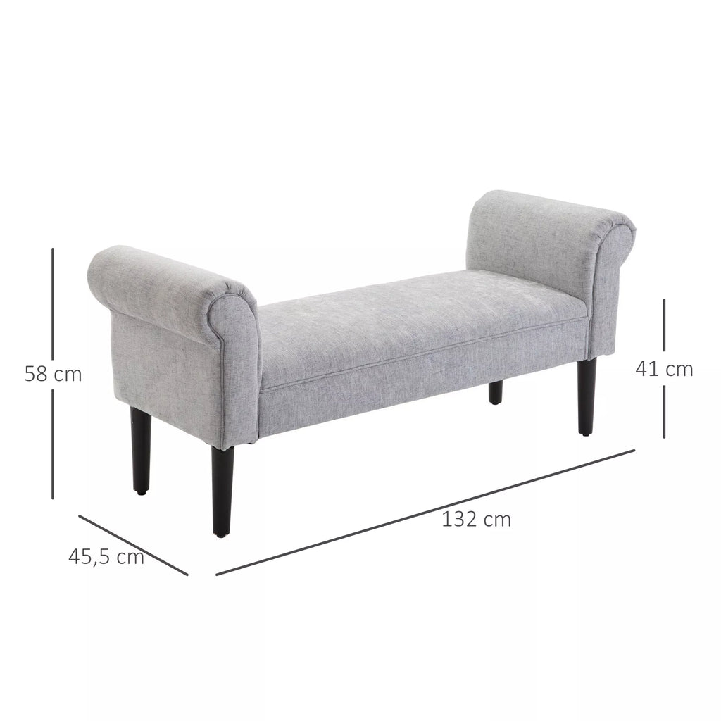 Minkšta suolelė, poilsio suolelė, prieškambario suolelė, lova su suoleliu, elegantiška su suktomis pusėmis, lino audinys, putų poliesteris, šviesiai pilka, 132 x 45,5 x 58 cm