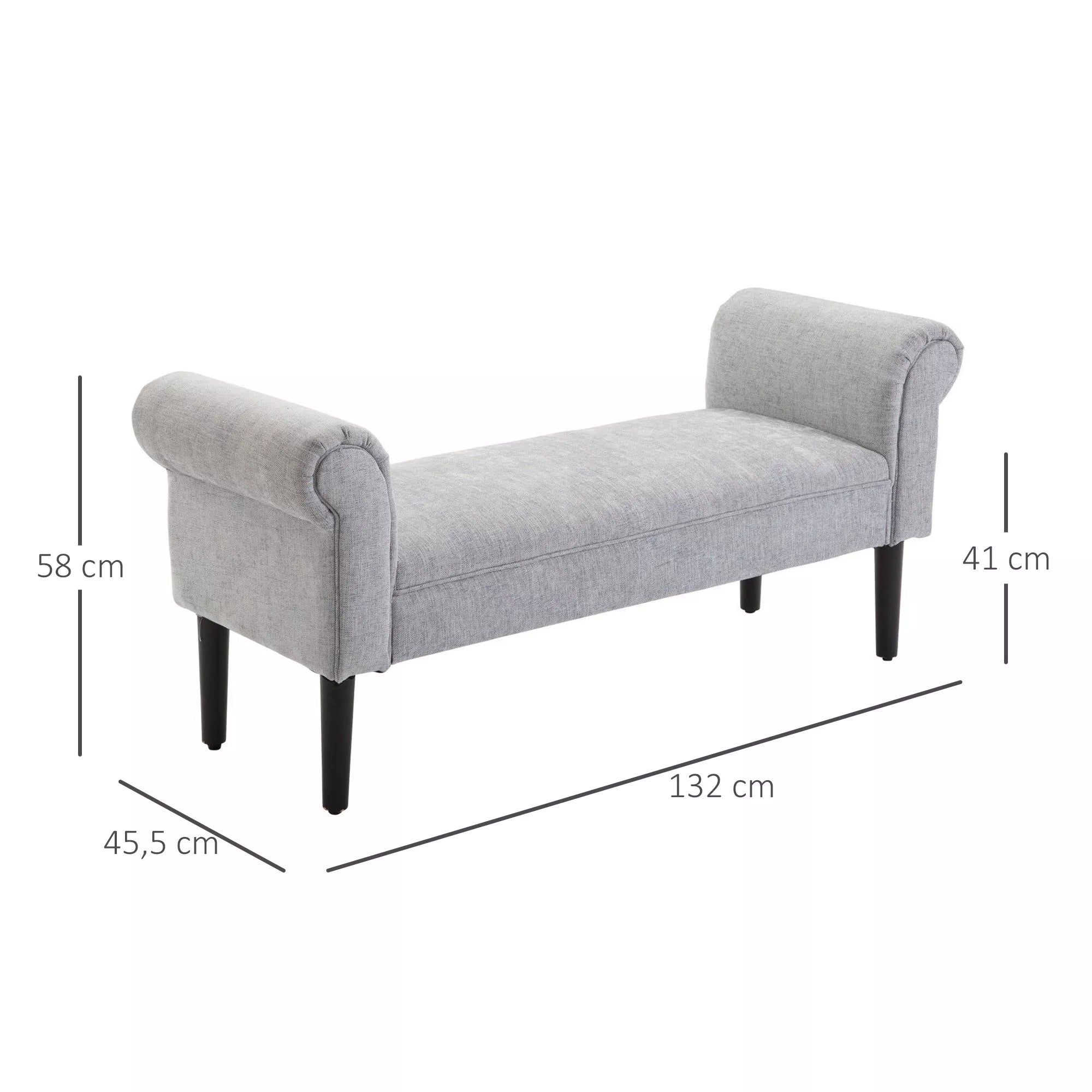 Minkšta suolelė, poilsio suolelė, prieškambario suolelė, lova su suoleliu, elegantiška su suktomis pusėmis, lino audinys, putų poliesteris, šviesiai pilka, 132 x 45,5 x 58 cm