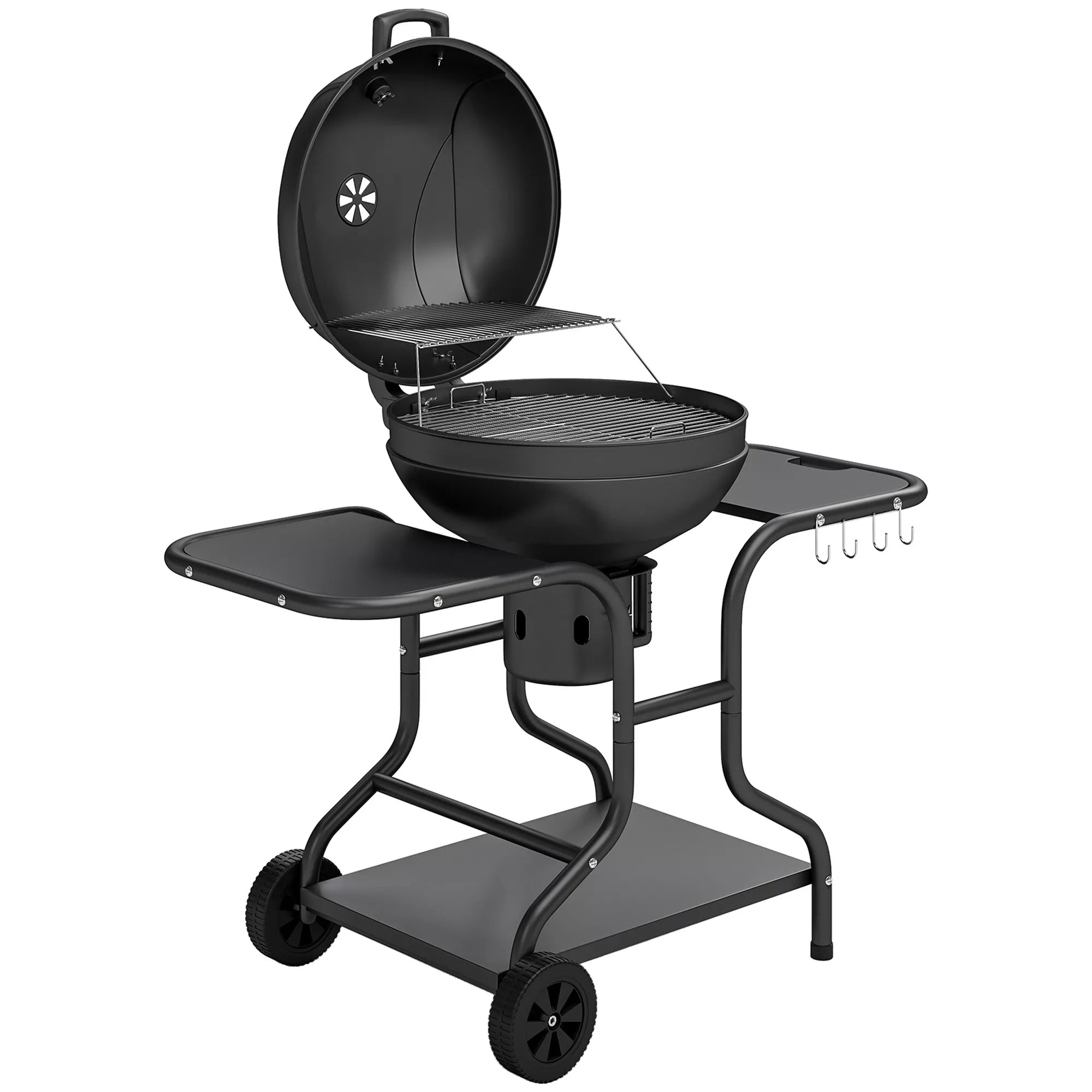 Anglies grilis BBQ Smoker su šoniniais stalais, dangčiu, termometru, ratais, 129 x 63,5 x 106,5 cm
