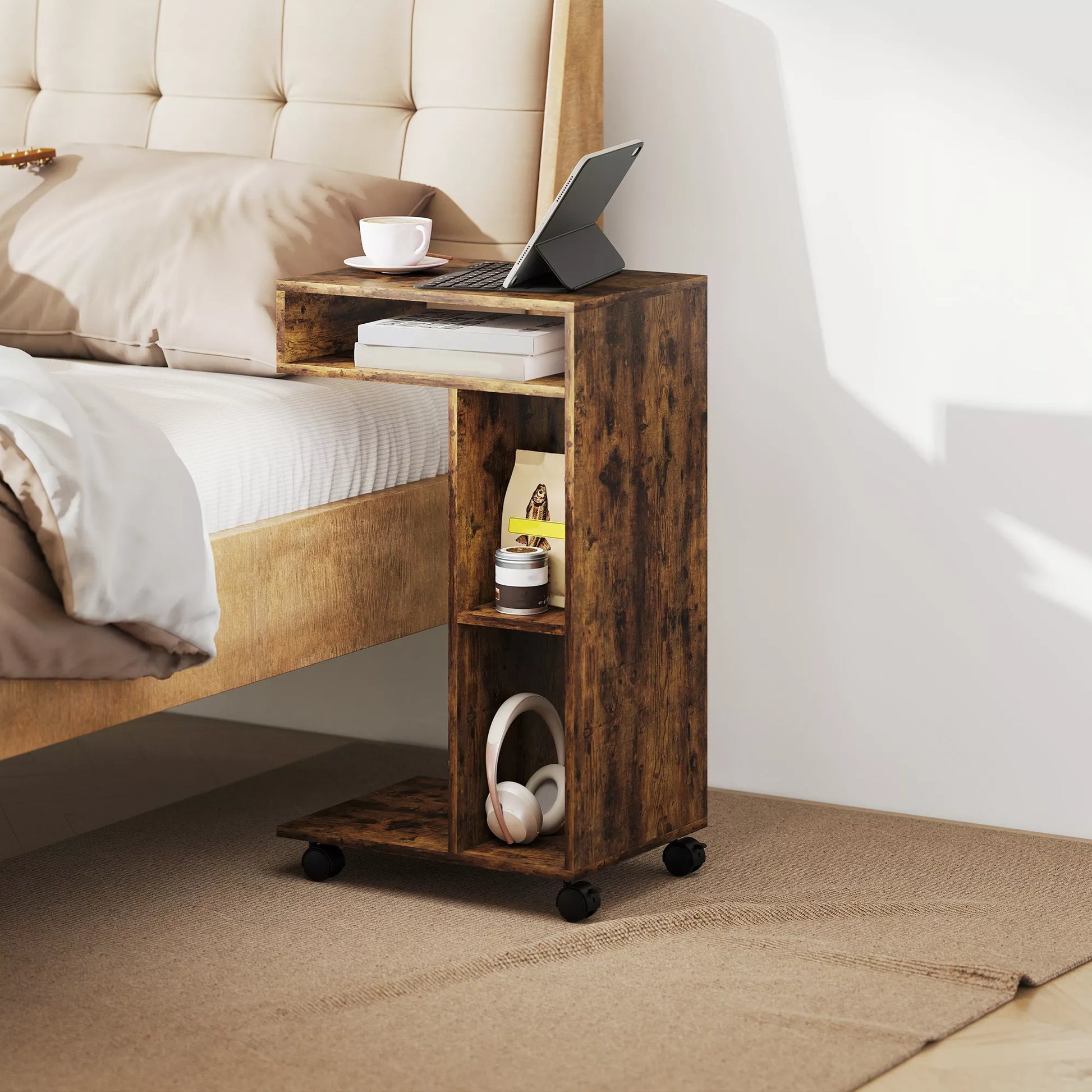 Stalinis staliukas, C formos serviravimo vežimėlis, 4 ratukai, 3 lentynos, 40 x 30 x 69 cm, Rusty-Brown