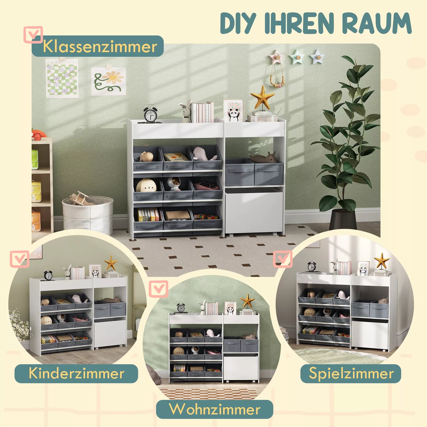 Vaikiška daiktų laikymo lentyna, žaislų spintelė su 11 audinių dėžučių, viršutiniais skyreliais, 3 lipdukais, balta