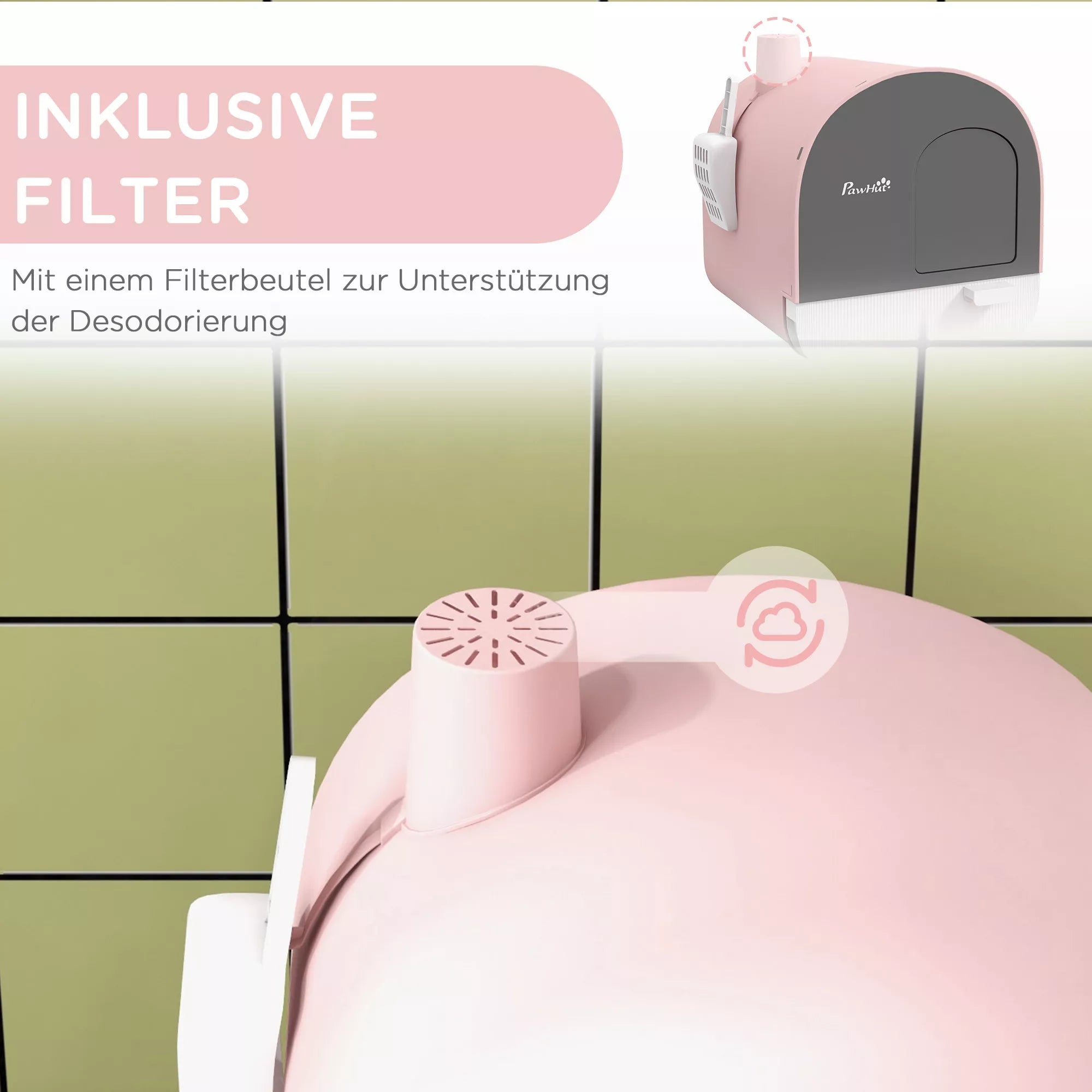 Katės tualetas su dangčiu, kastuvėliu, nešvarumų surinkimo kilimėliu, plastikinis, rožinis/juodas