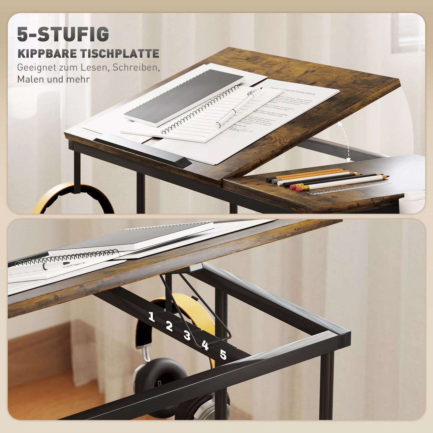 Reguliuojamo aukščio stovimas rašomasis stalas su pakreipiama stalviršiu, ratukais, laikymo lentyna, skirtas rašyti, skaityti, piešti, rudas