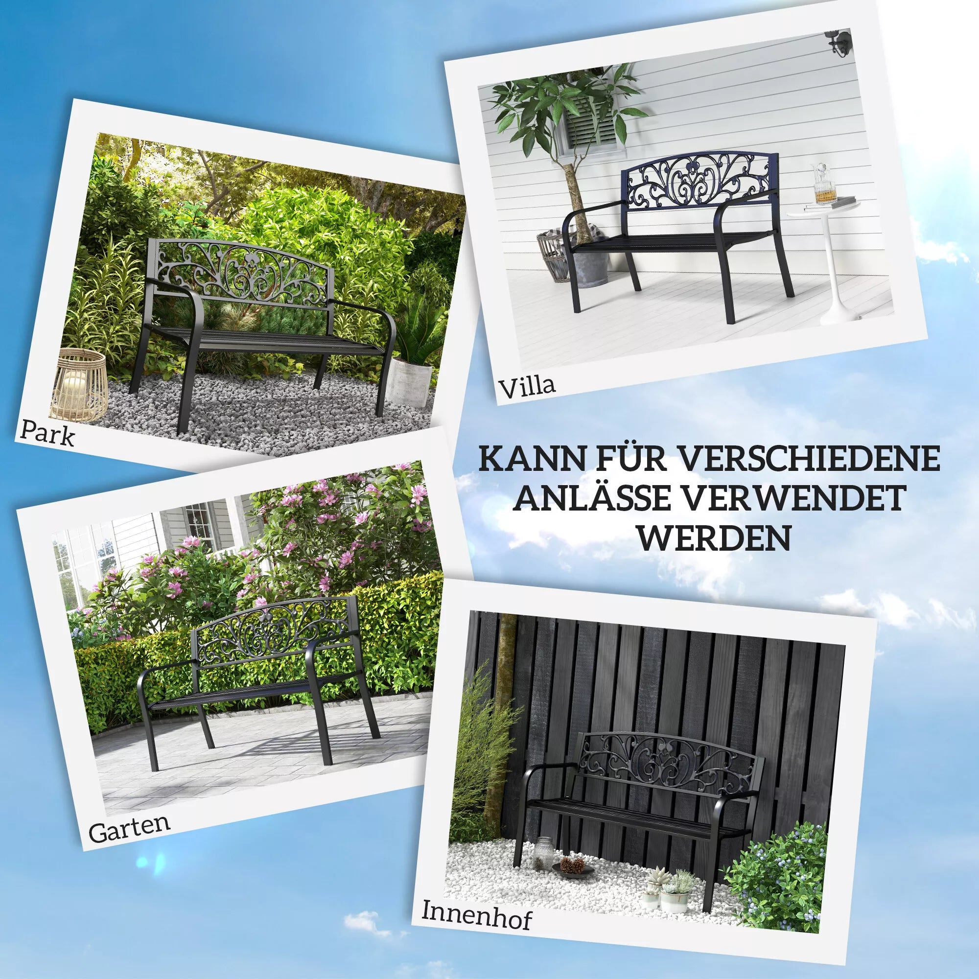 Metalinė sodo suolelė, gėlių dizainas, 2 vietų, 240 kg apkrova, plienas, 127L x 60B x 87H cm, juoda
