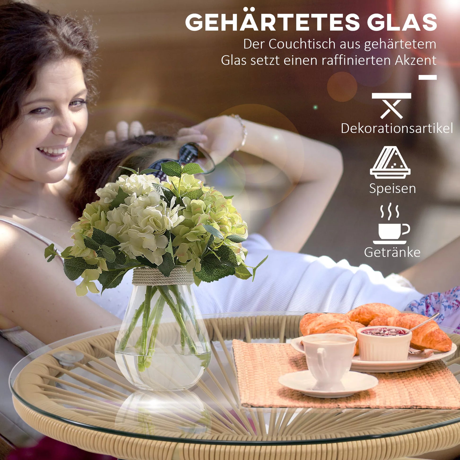 Boho stiliaus sodo stalas, PE rotangas, grūdintas stiklas, atsparus atmosferos poveikiui, 50 cm x 50 cm x 50 cm, smėlio spalvos