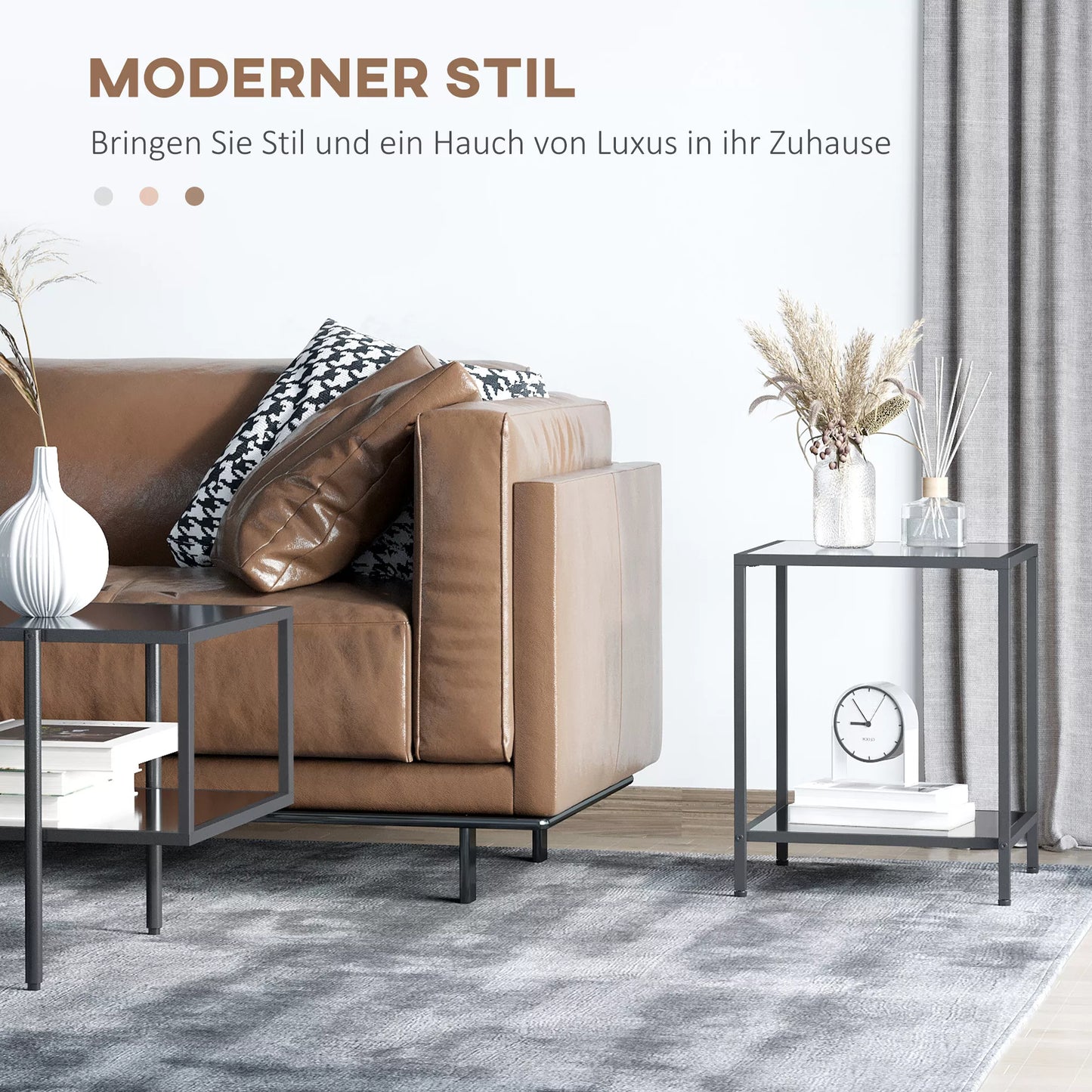 Pagalbinis staliukas su grūdinto stiklo plokštėmis, 2 pakopų, klasikinio dizaino su metaline konstrukcija, juodas