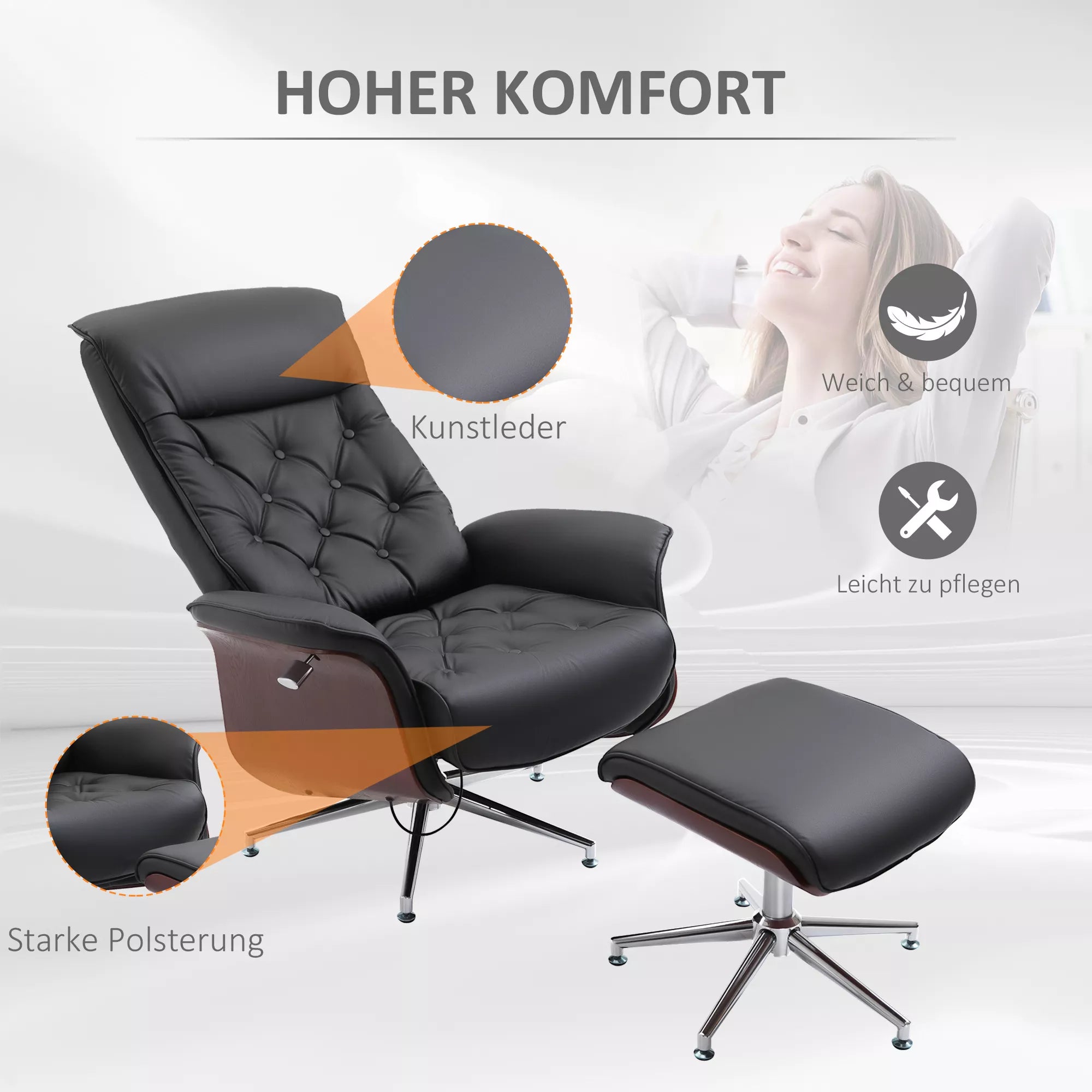 Atpalaiduojantis fotelis su taburete Televizijos fotelis Minkštas fotelis 360° pasukamas 145° pakreipiamas Retro dizainas Chesterfield PU apmušalas Medinis apmušalas Metalinė bazė Juodas 82 x 83 x 110 cm