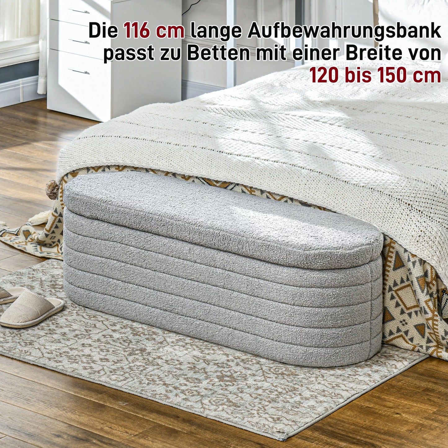 Lovosola, su sandėliavimo funkcija, Teddy vilna, 116x41x40,5cm, šviesiai pilka