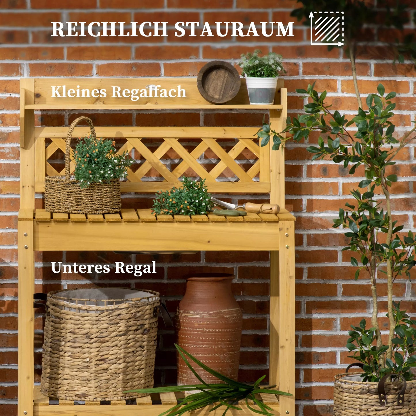 Sodo darbo stalas su integruota nerūdijančio plieno kriaukle, 2 lentynomis, iš masyvmedžio, rudas, 92 x 45 x 120 cm