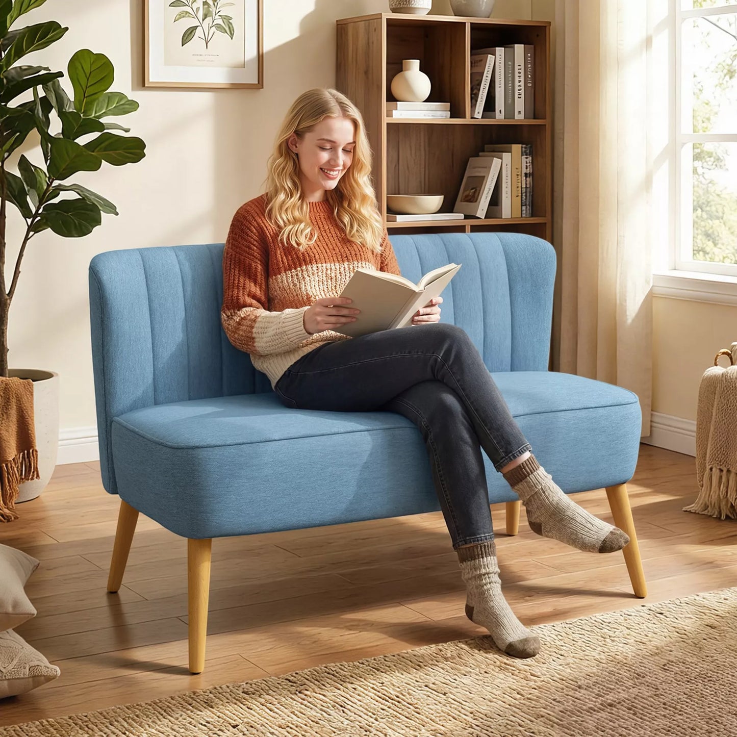 2 vietų sofa retro stiliaus, minkšta apmušalai, lengvai prižiūrimi apmušalai, iki 150 kg, 117 x 56,5 x 77 cm, mėlyna