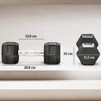 Schema su hantelio matmenimis: ilgis 28,8 cm, skersmuo 12,8 cm