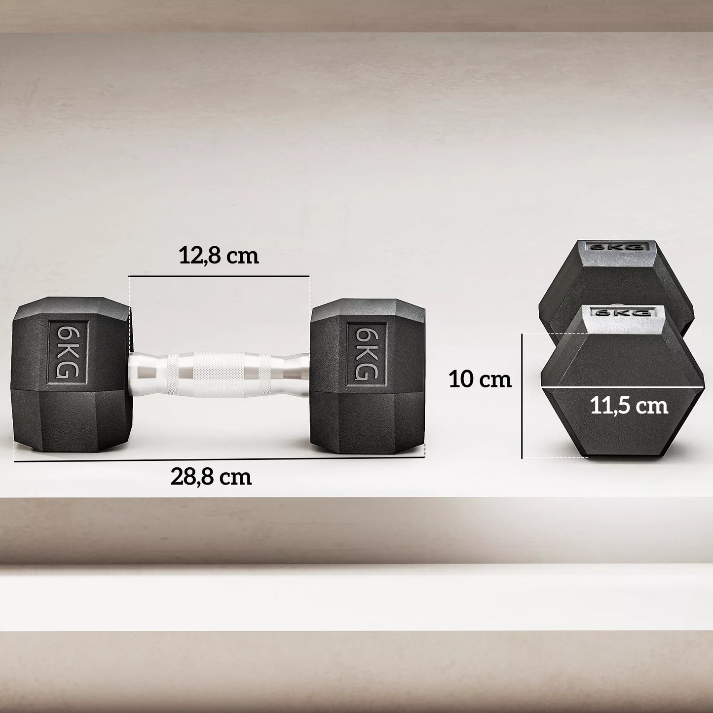 HOMCOM Šešiakampės hantelių, 2 vnt. rinkinys su rifliuota rankena, ketaus hantelių rinkinys, 2 x 6 kg, hanteliai vyrams ir moterims, namams, sporto salei, jėgos treniruotėms