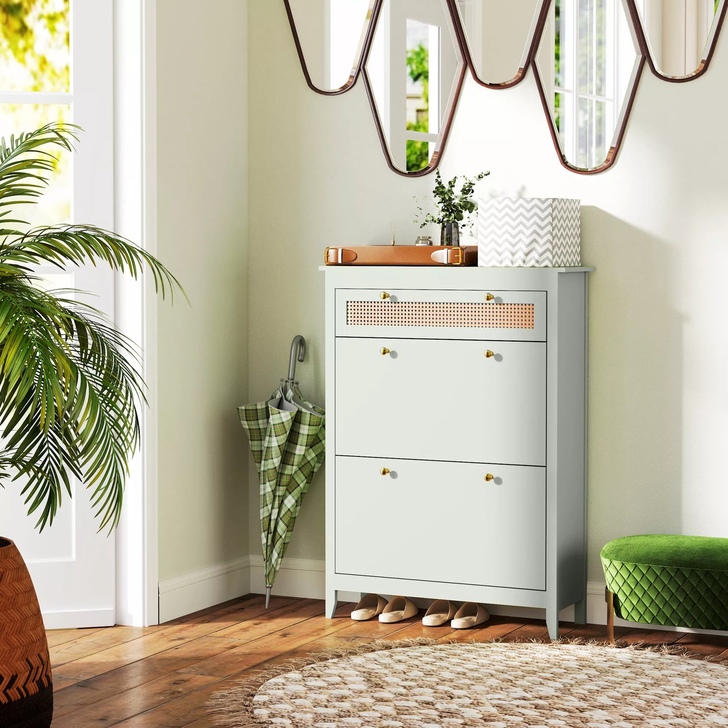 Batų spintelė 12 poroms batų, su 1 ištraukiama stalčiumi, 2 atverčiamais stalčiais, batų komoda, 88 x 30 x 120 cm, žalia