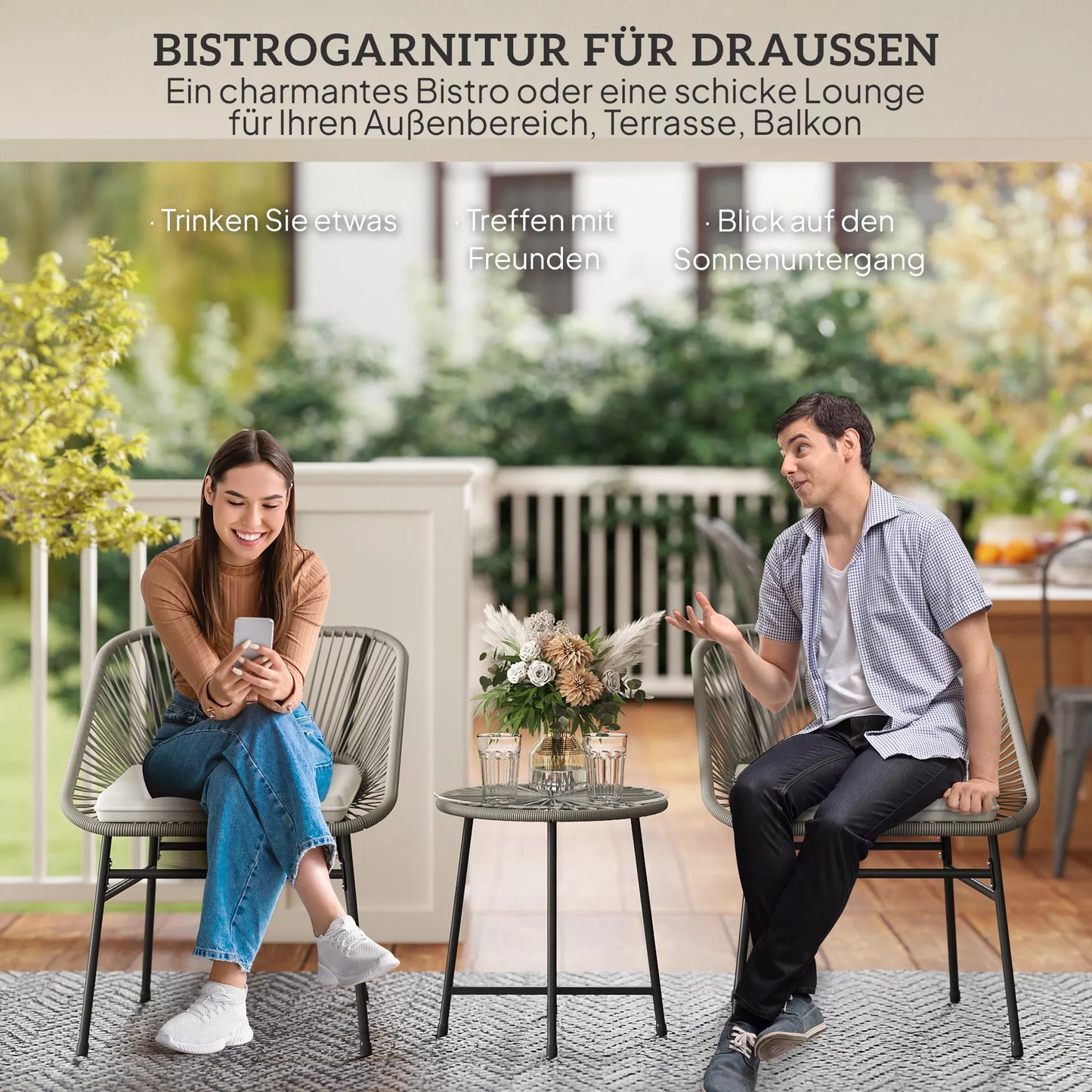 3 dalių lauko baldų komplektas, 1 stalas, 2 kėdės, ratano pynimas, plieninis rėmas, kavos staliukas su stiklo plokšte, tamsiai pilkas