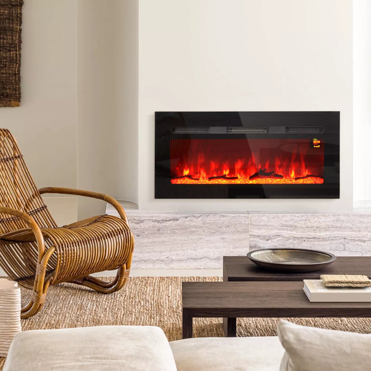 Elektrinis židinys su sieniniu laikikliu ir nuotolinio valdymo pulteliu, dirbtinės malkos ir kristalai, 1800W galia, juodos spalvos.