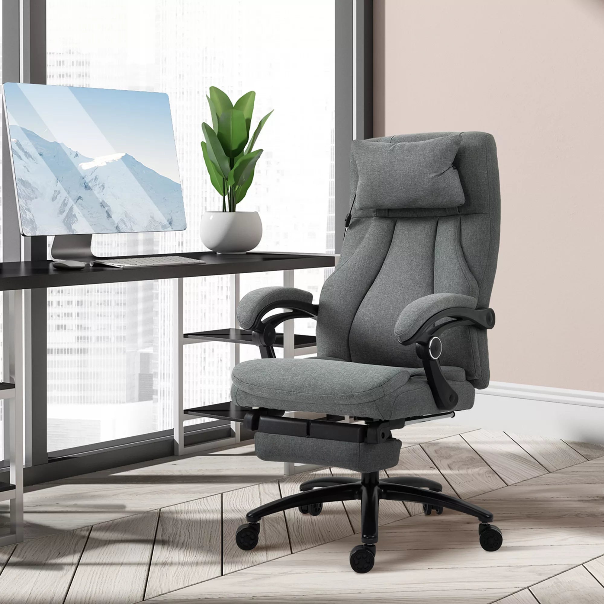 Biuro kėdė su masažo funkcija, aukščio reguliuojama vadovo kėdė, žaidimų kėdė su atlošu ir masažo funkcija, ergonomiška sukiojama kėdė, masažinė kėdė, lino tekstūra, pilka, 64 x 74 x 109–117 cm
