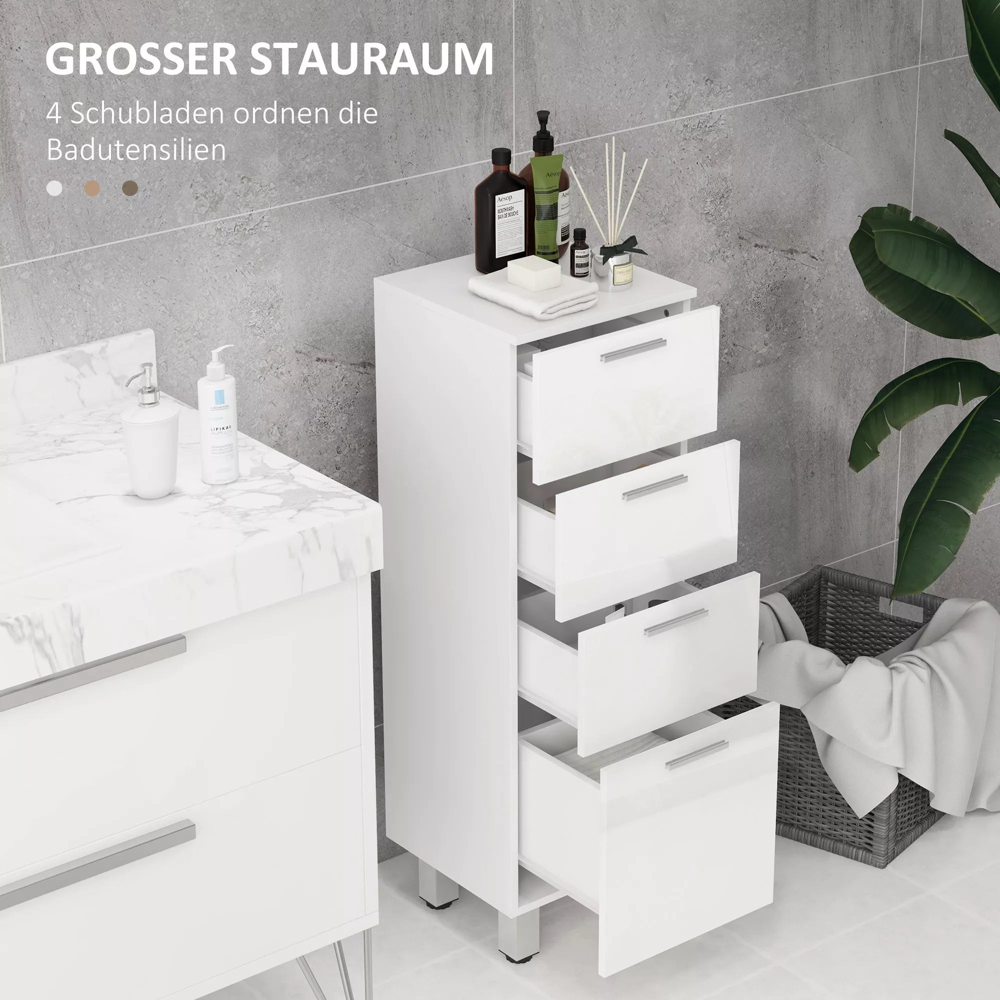 Vonios spintelė, 4 stalčiai, medžio drožlių plokštės, lygus paviršius, balta