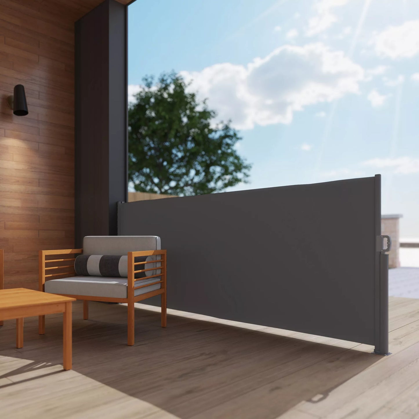 Ištraukiama šoninė markizė, nepermatoma, apsauganti privatumą, su sieniniu laikikliu, dengta, 300x140cm, tamsiai pilka