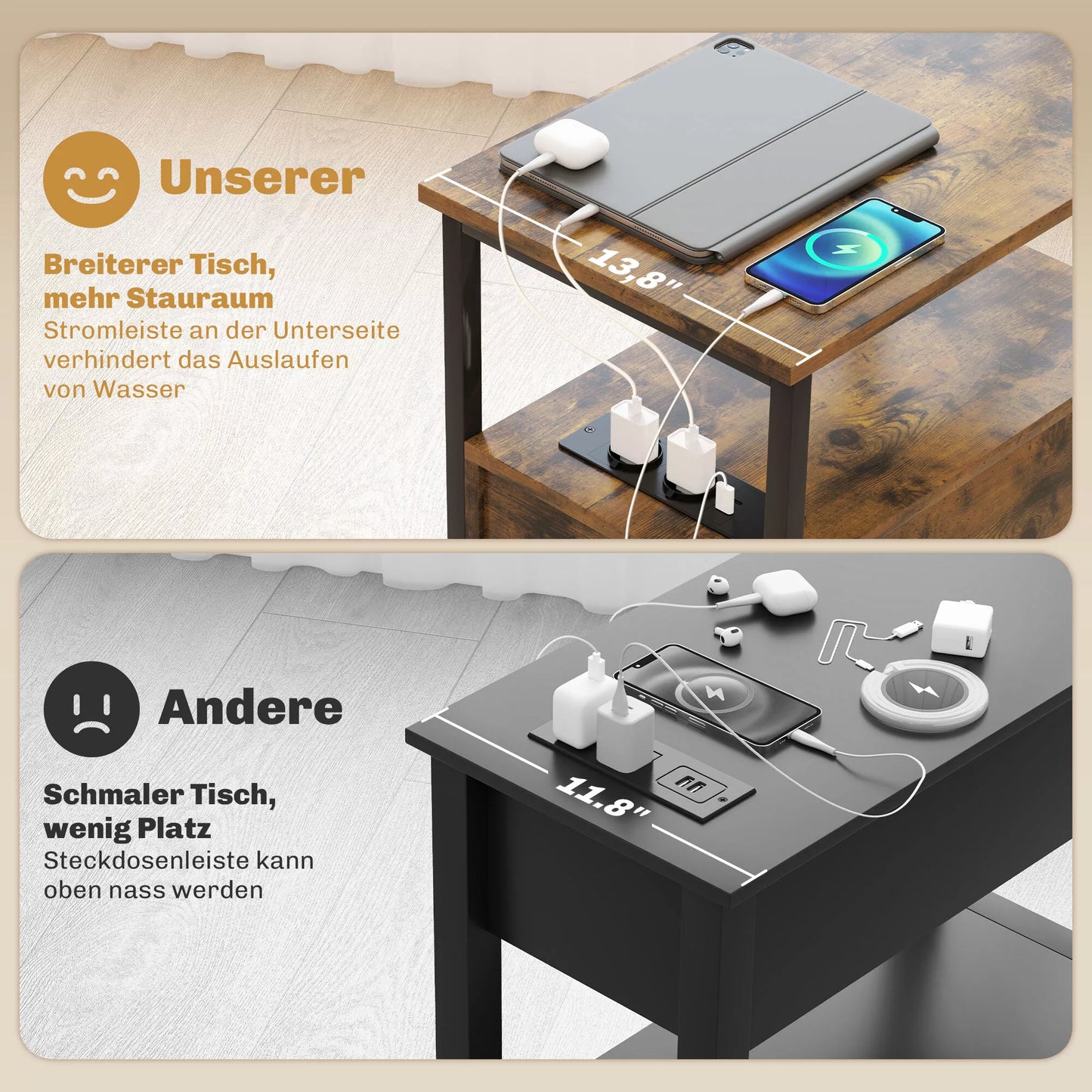 Pagalbinis staliukas su įkrovimo stotele, USB jungtimis, rozetėmis, 2 stalčiais ir lentynėle, skirtas svetainei, miegamajam