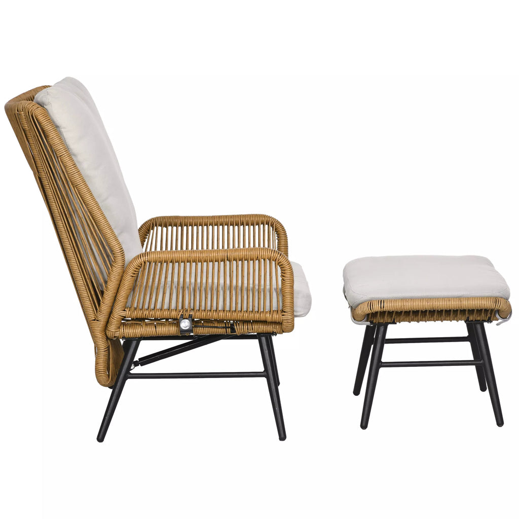 Polyrattan sodo kėdė ir taburetė, reguliuojamas atlošas, šviesiai ruda/pilka/juoda