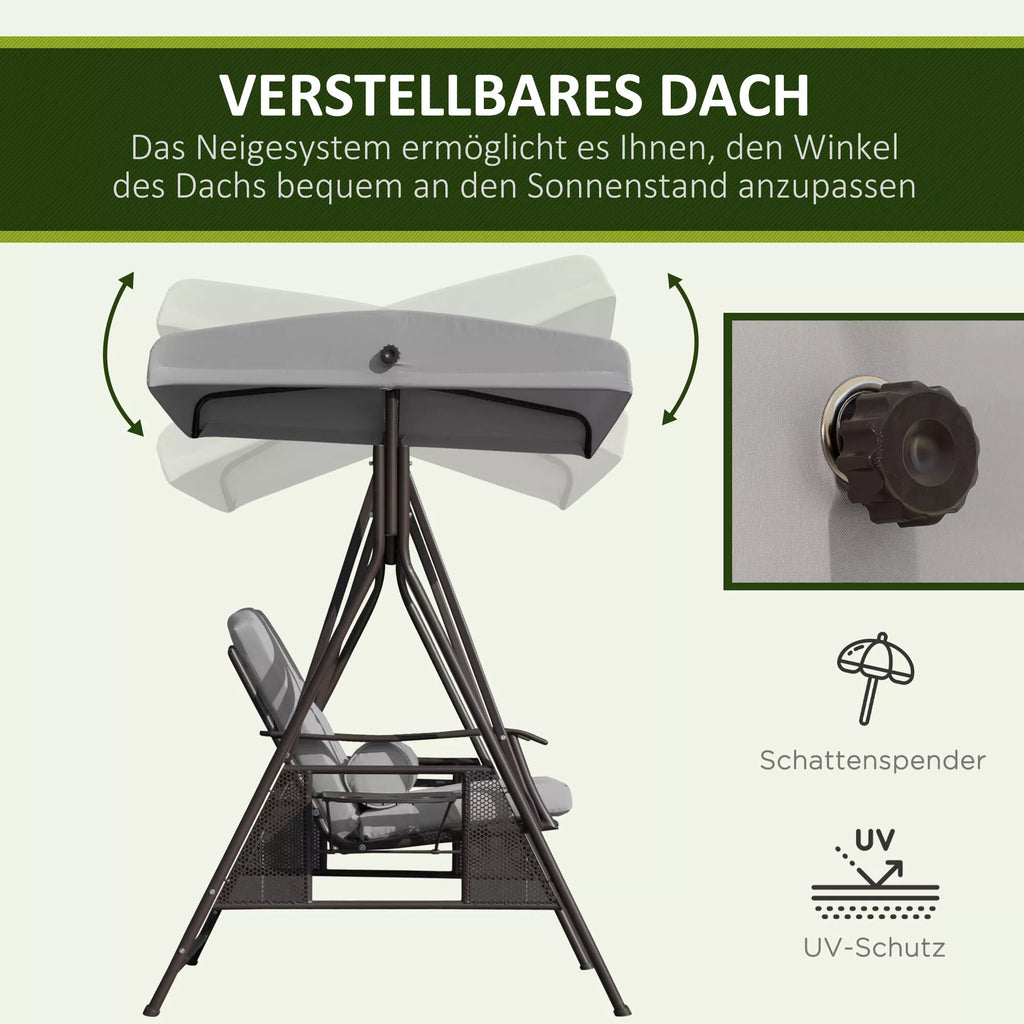 2 vietų Hollywood šūklas Sodo šūklas su saulės stogu Pagalvės Padėklas Metalas Poliesteris Pilka 162 x 118 x 173 cm