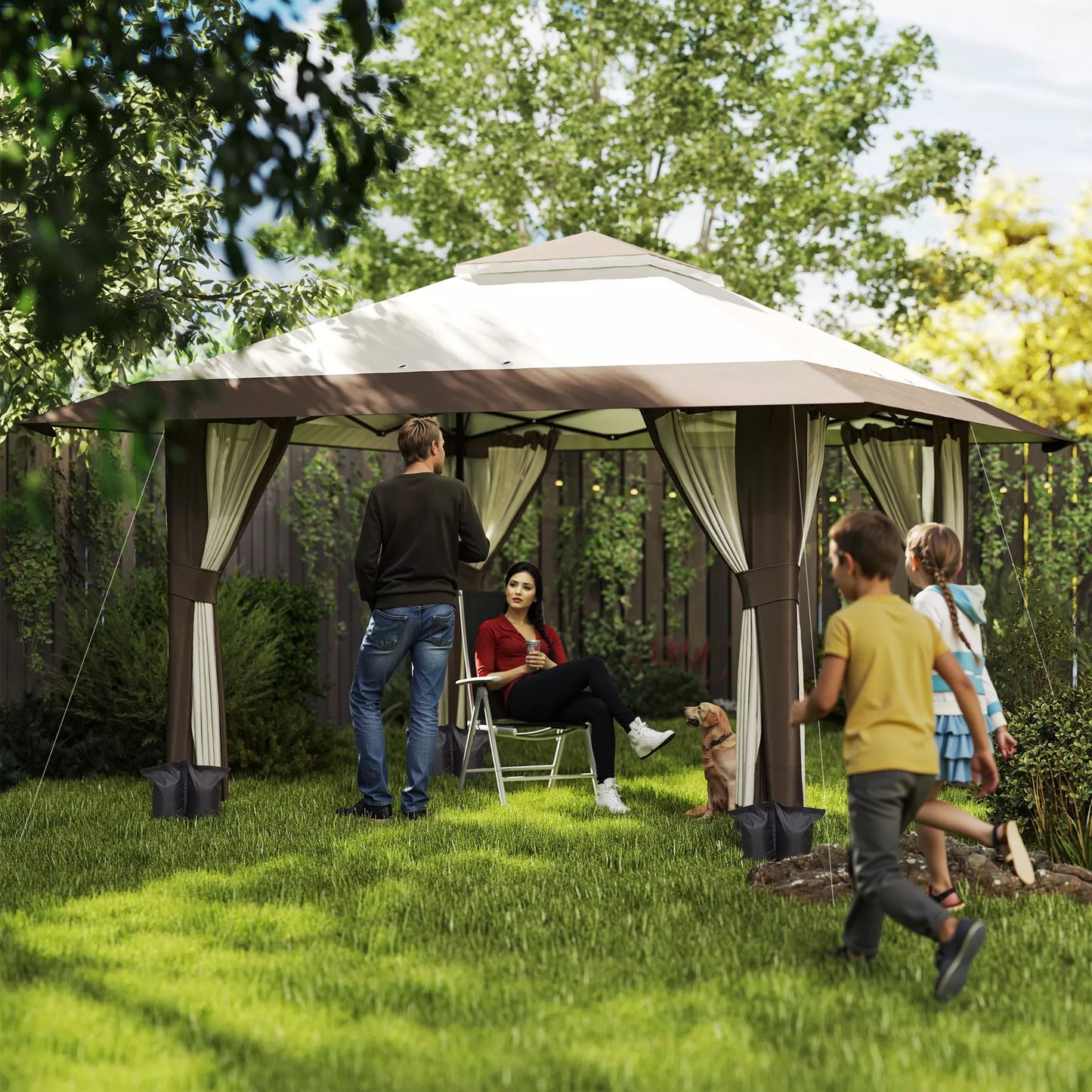 4 x 4 m sodo paviljonas, sodo palapinė su tinklinėmis sienomis, UPF50+ apsauga, aukščio reguliuojama šventinė palapinė, smėlio spalvos