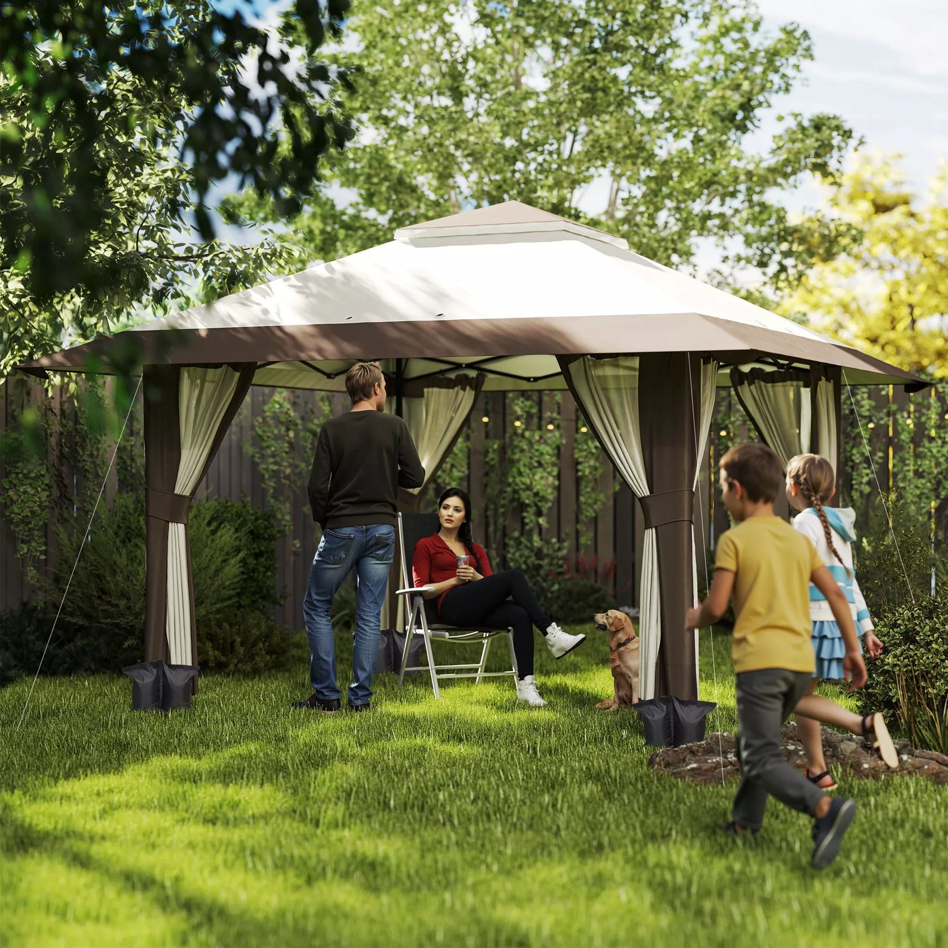 4 x 4 m sodo paviljonas, sodo palapinė su tinklinėmis sienomis, UPF50+ apsauga, aukščio reguliuojama šventinė palapinė, smėlio spalvos