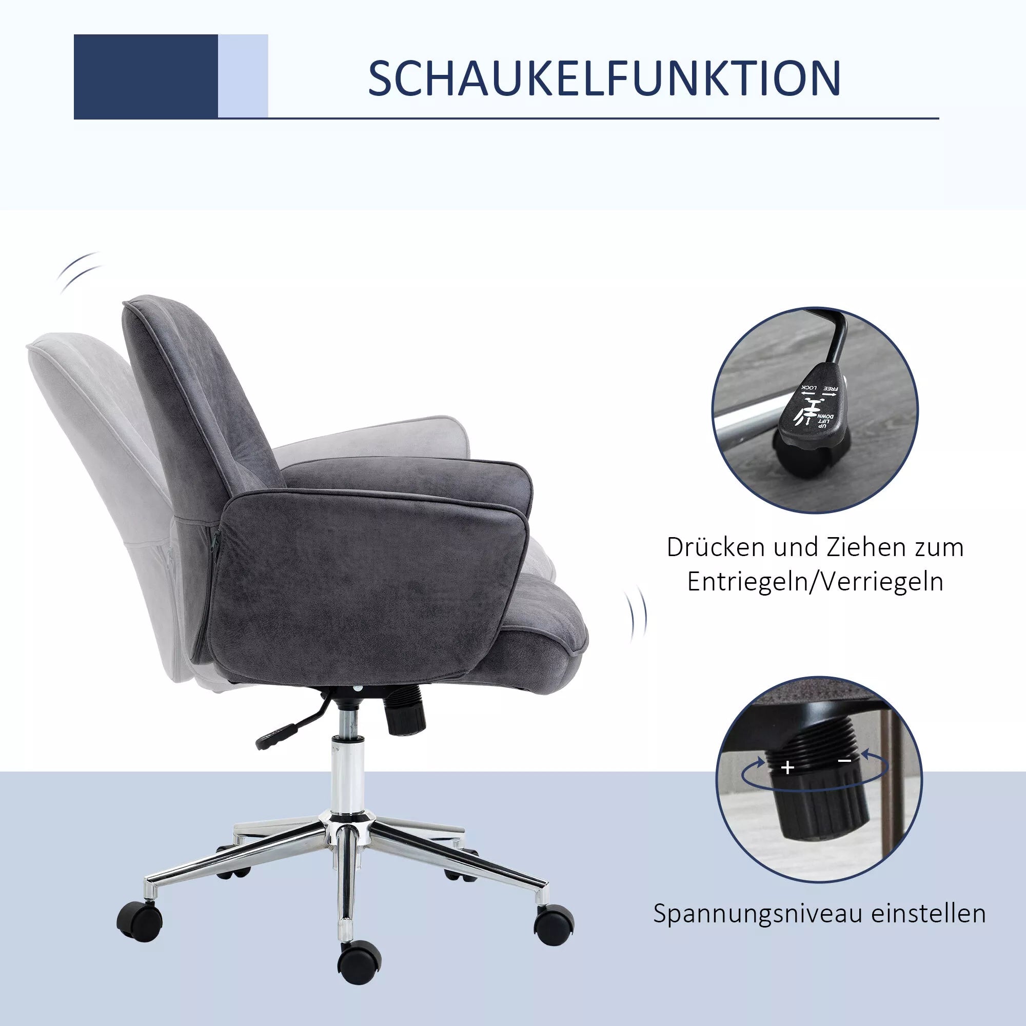 Infografika apie kėdės sūpavimo funkciją ir įtempimo reguliavimą
