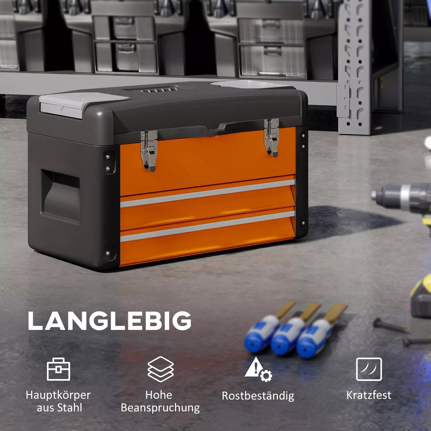 Tuščia įrankių dėžė, 49,7 x 25,3 x 28,9 cm Įrankių dėžė su stalčiumi, mini dėžutė plieninė oranžinė