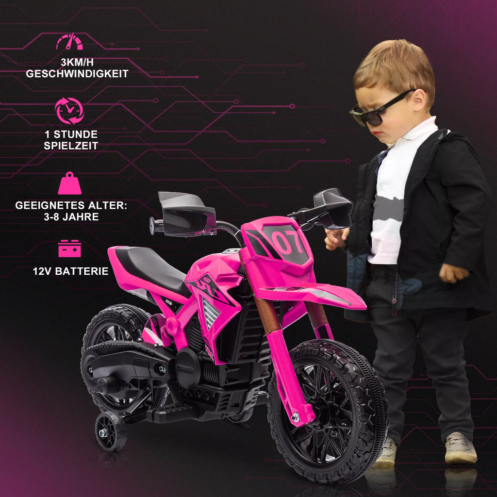 Infografika: rožinis motociklas su 12V baterija ir 3 km/h grečio bei veikimo laiko rodikliais