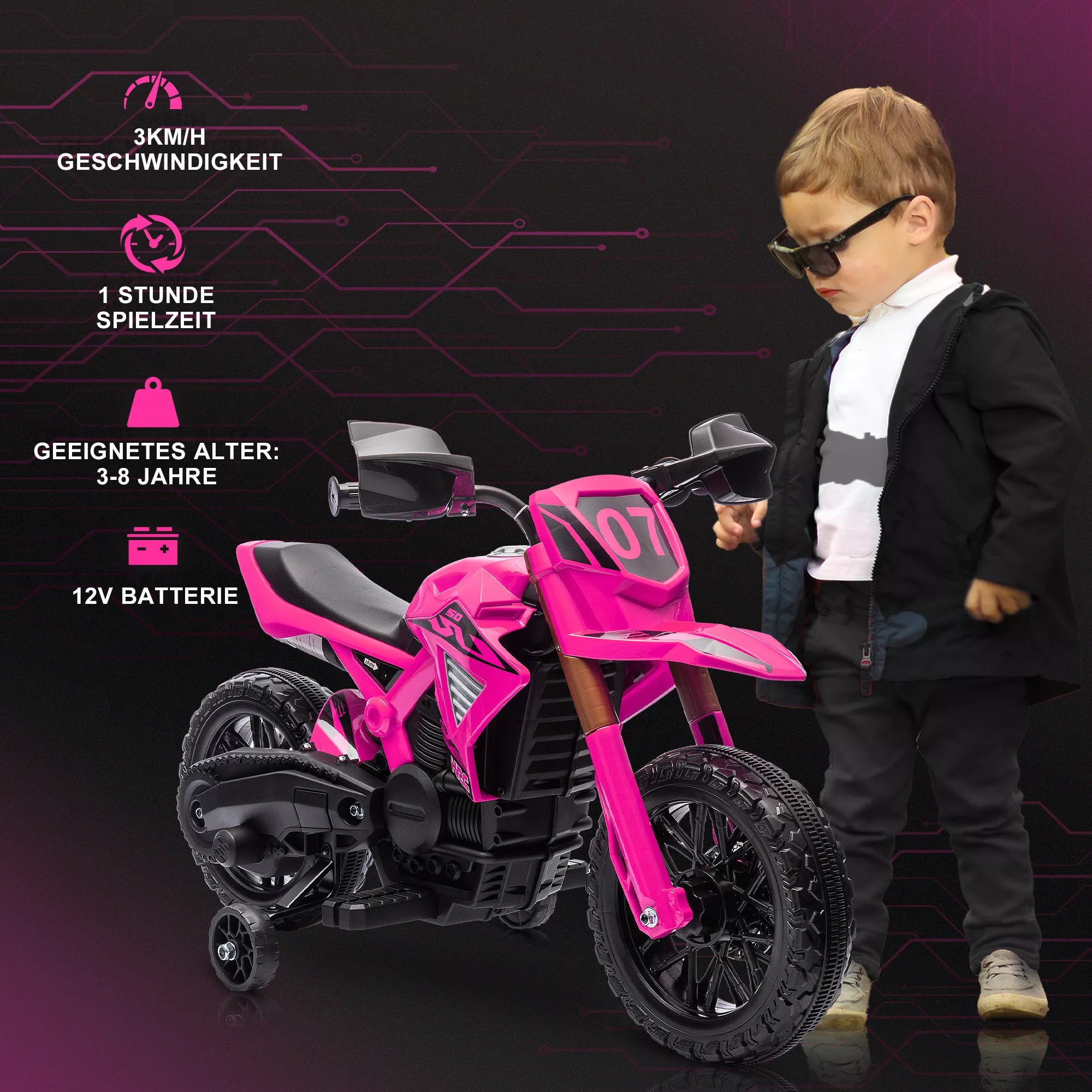 Infografika: rožinis motociklas su 12V baterija ir 3 km/h grečio bei veikimo laiko rodikliais