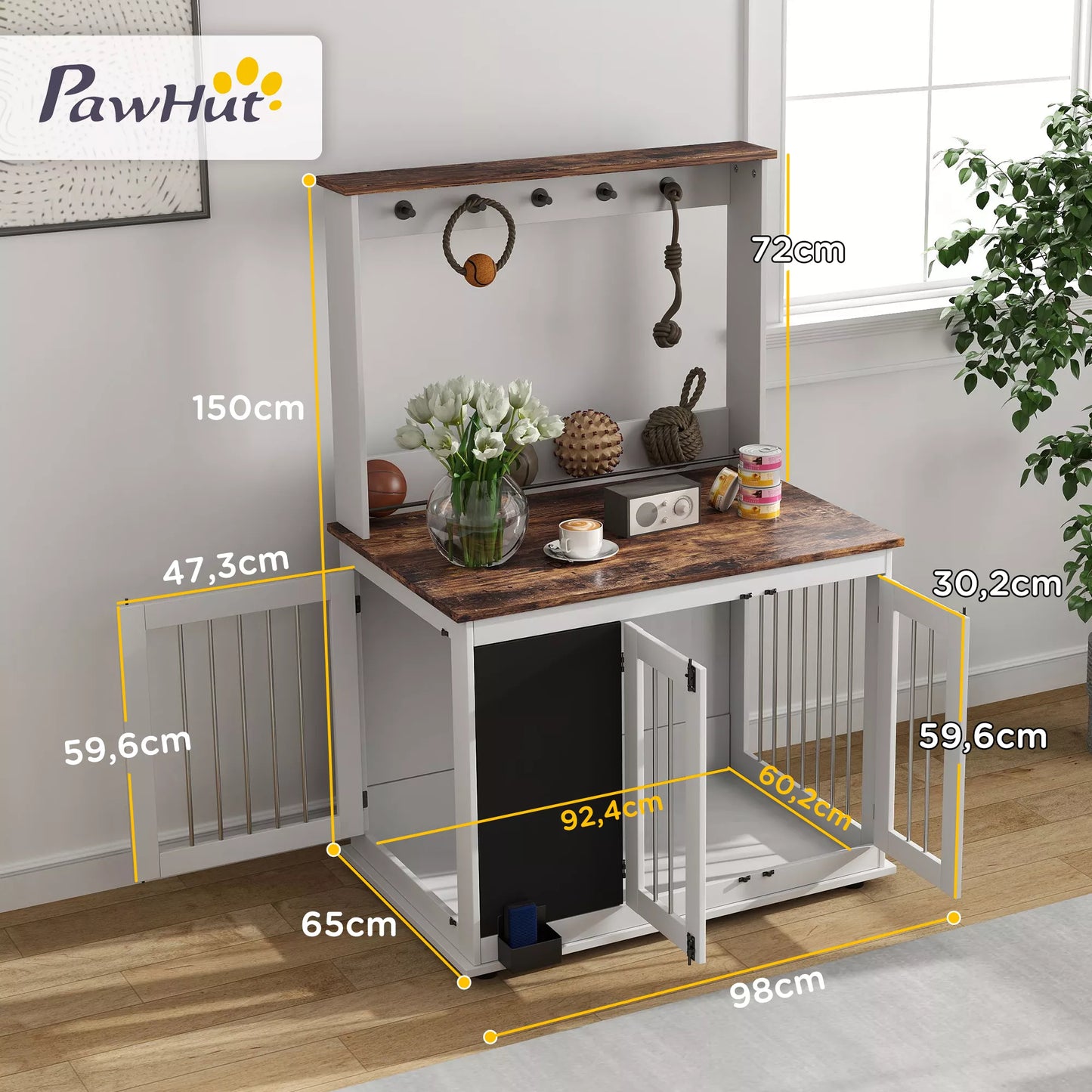 Šunų dėžė su laikymo lentyna žaislams, kabliai pavadėliams, rašomoji lenta, trintukas, dideliems šunims, balta