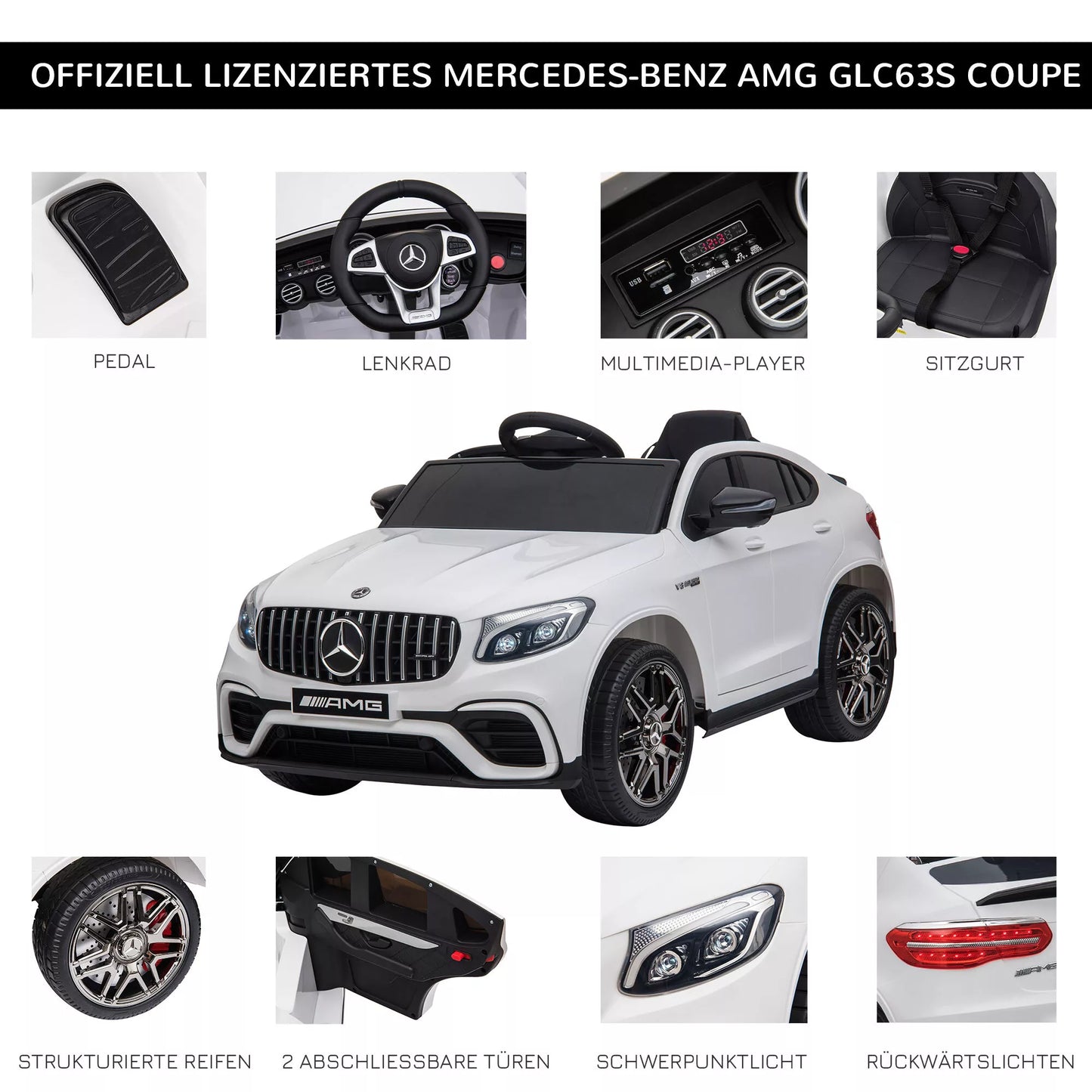 12V elektrinis automobilis vaikams Mercedes-Benz AMG GLC63S COUPE su nuotolinio valdymo pultu, saugos diržu, 2 x 35W varikliais, MP3 grotuvu. Rekomenduojama 37-60 mėn. Spalva: balta. Matmenys: 115 x 70 x 55 cm
