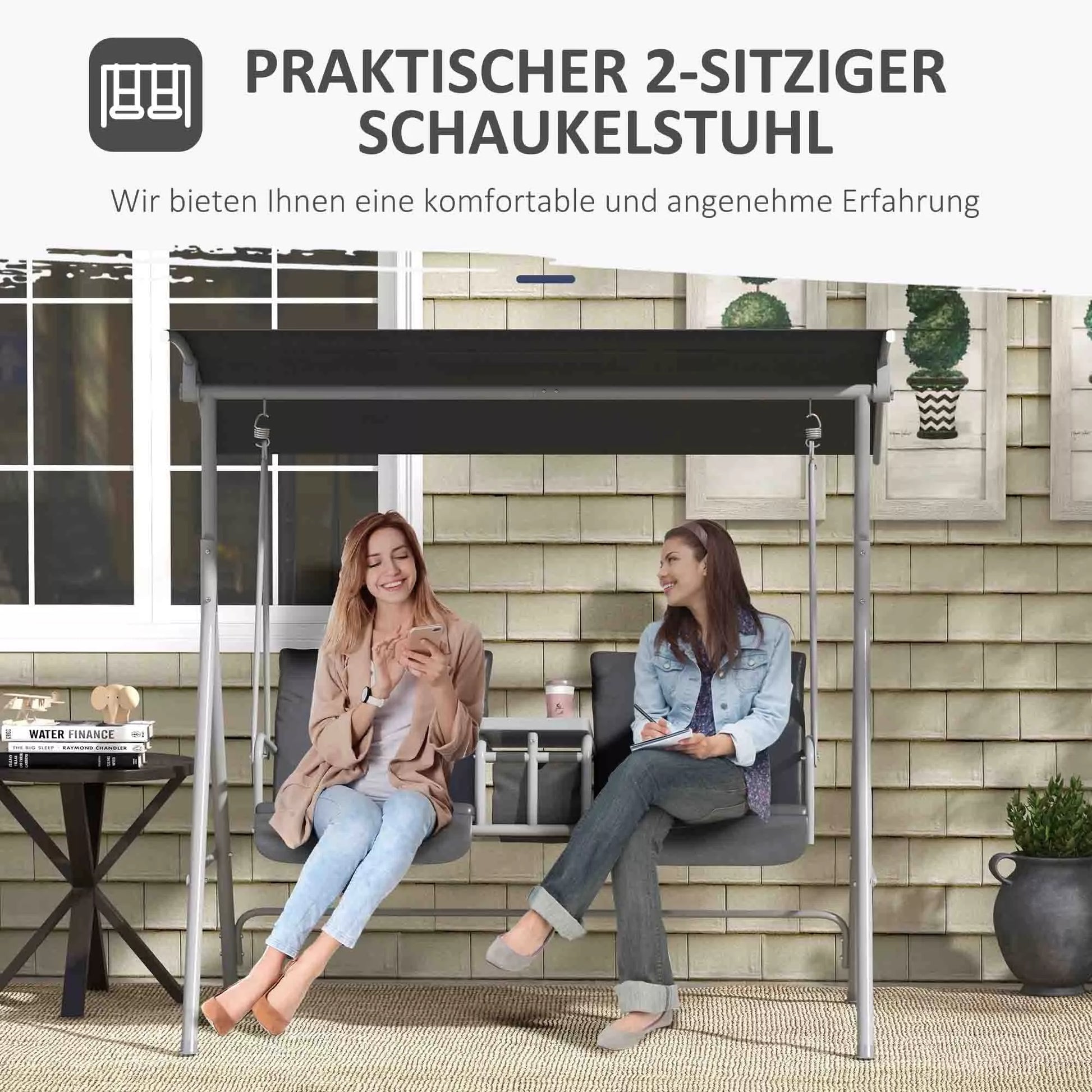 Holivudo sūpynės, 2 vietos, su stogu ir stalu, metalinis rėmas, iki 180 kg, 175x110x165 cm, juodos spalvos