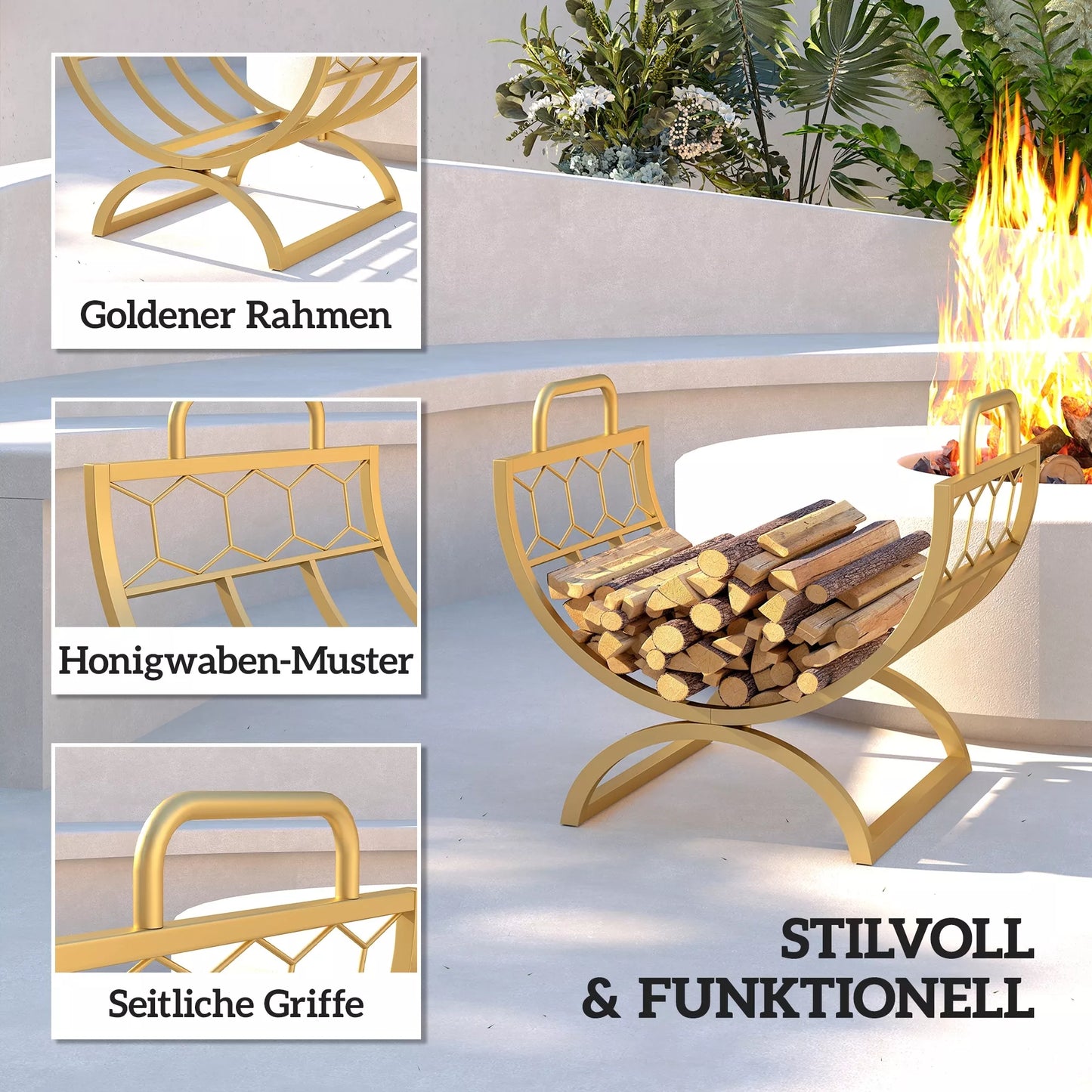 Vidaus patalpų medienų laikiklis 46 x 36 x 41 cm, židiniui, krosniai, metalas, auksas