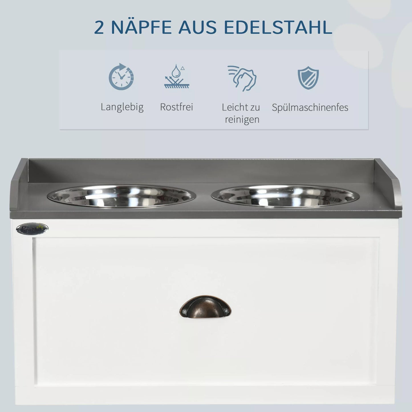 Šėrimo stotelė, 2 dubenėliai po 2 litrus, nerūdijantis plienas, su stalčiumi, dideliems šunims, balta+pilka, 60 x 30 x 36 cm