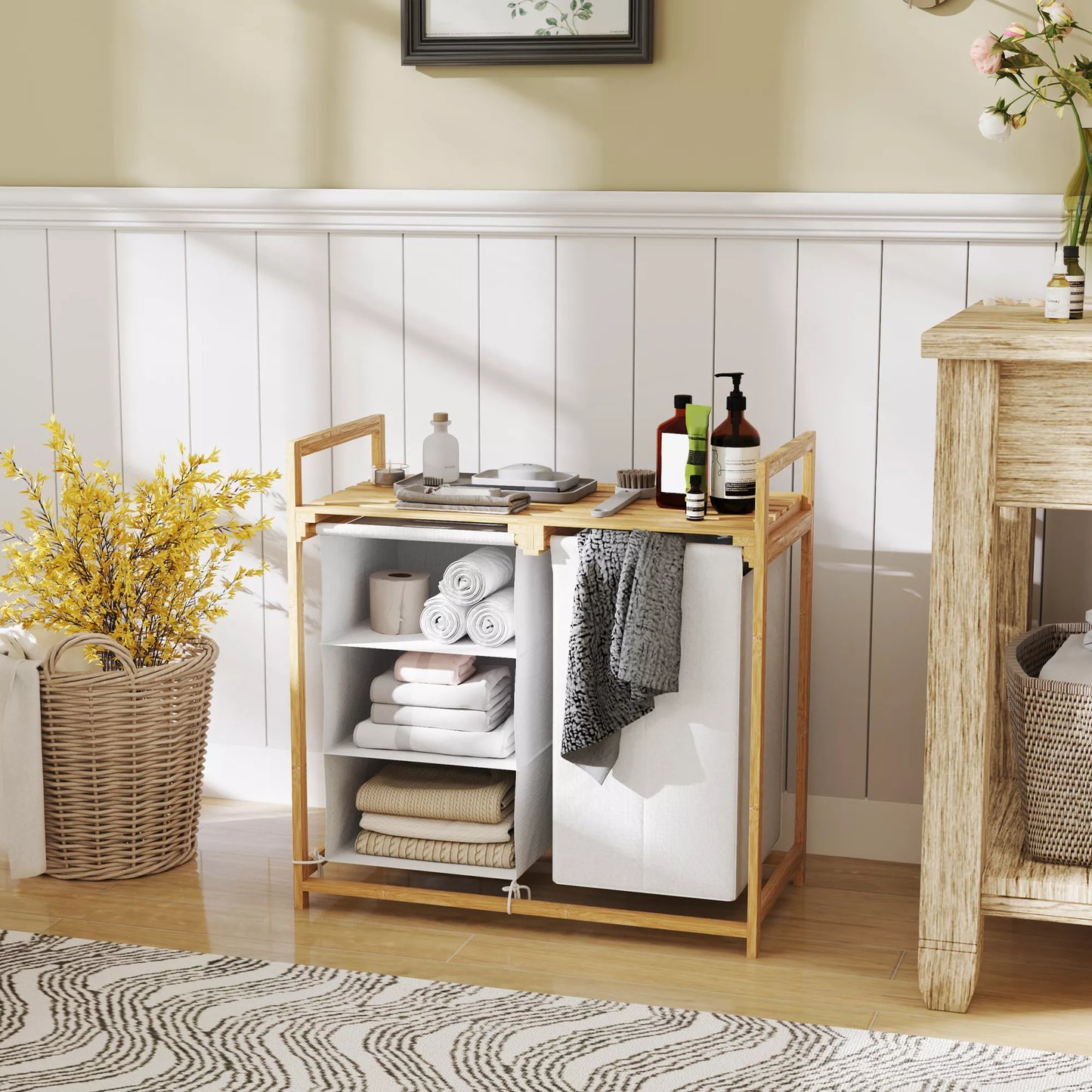 Skalbinių krepšys su skalbinių maišu, audinio stalčius, bambukas, 70x36x70 cm, Balta/mediena