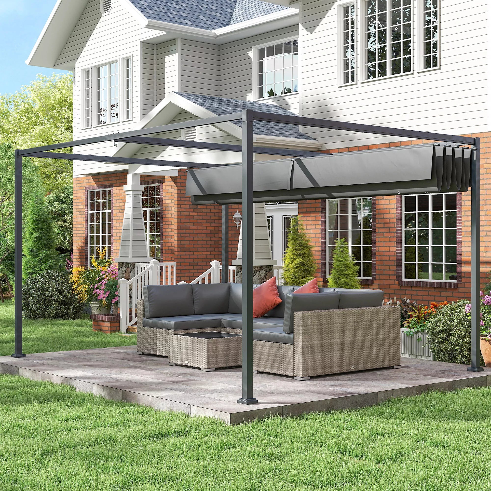 Pergola, tvirta saulės apsauga sodui, balkonui, terasai, pagaminta iš metalo ir plastiko, atspari UV spinduliams ir vandeniui, tamsiai pilkos spalvos