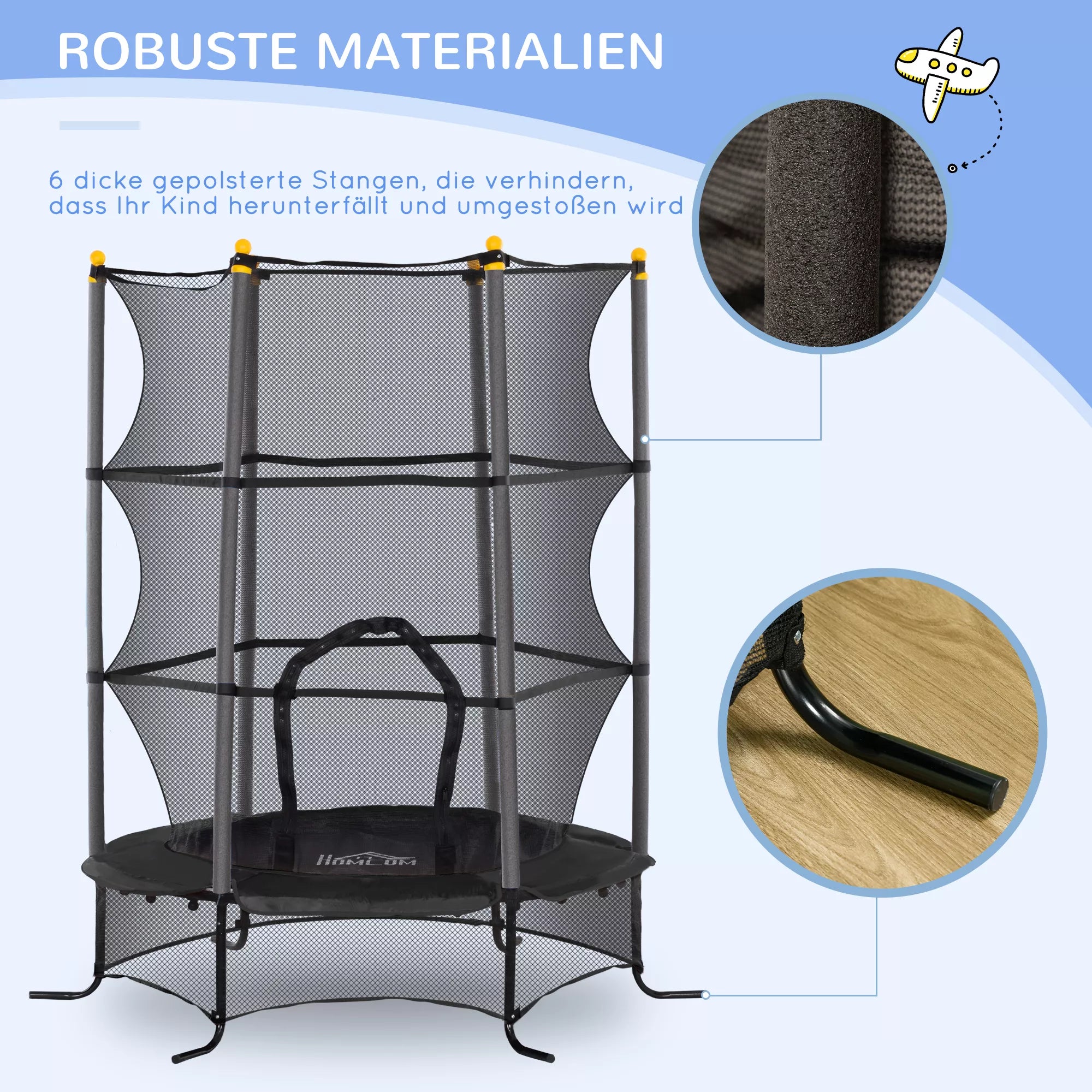 Trampolinas vaikams, Ø163 cm, su apsauginiu tinklu, vidaus ir lauko naudojimui, apkrova iki 50 kg, plienas, plastikas, juodas