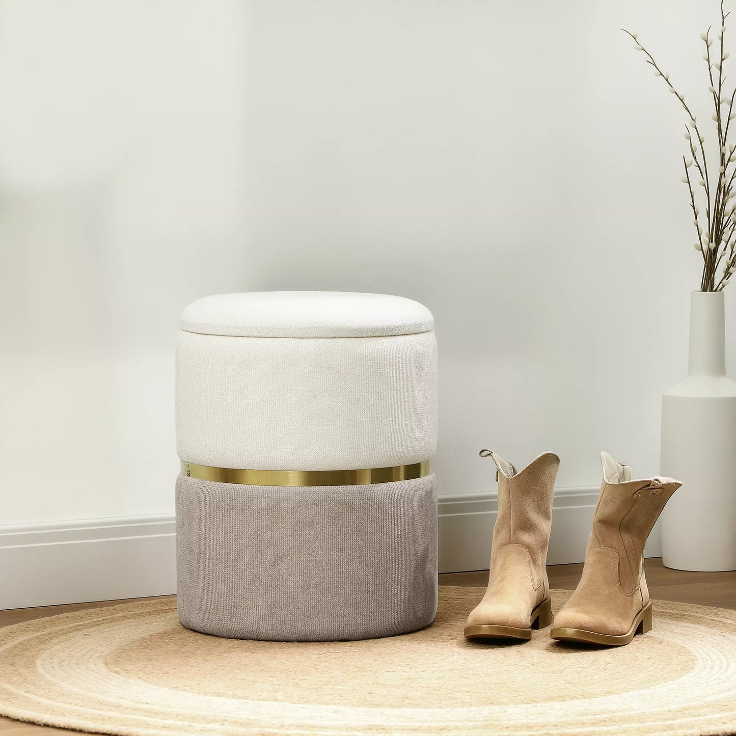 Sėdimasis pufas su laikymo vieta, pufas su dangčiu, metalinis žiedas, dvispalvio dizaino 36 x 36 x 44 cm kreminės baltos spalvos