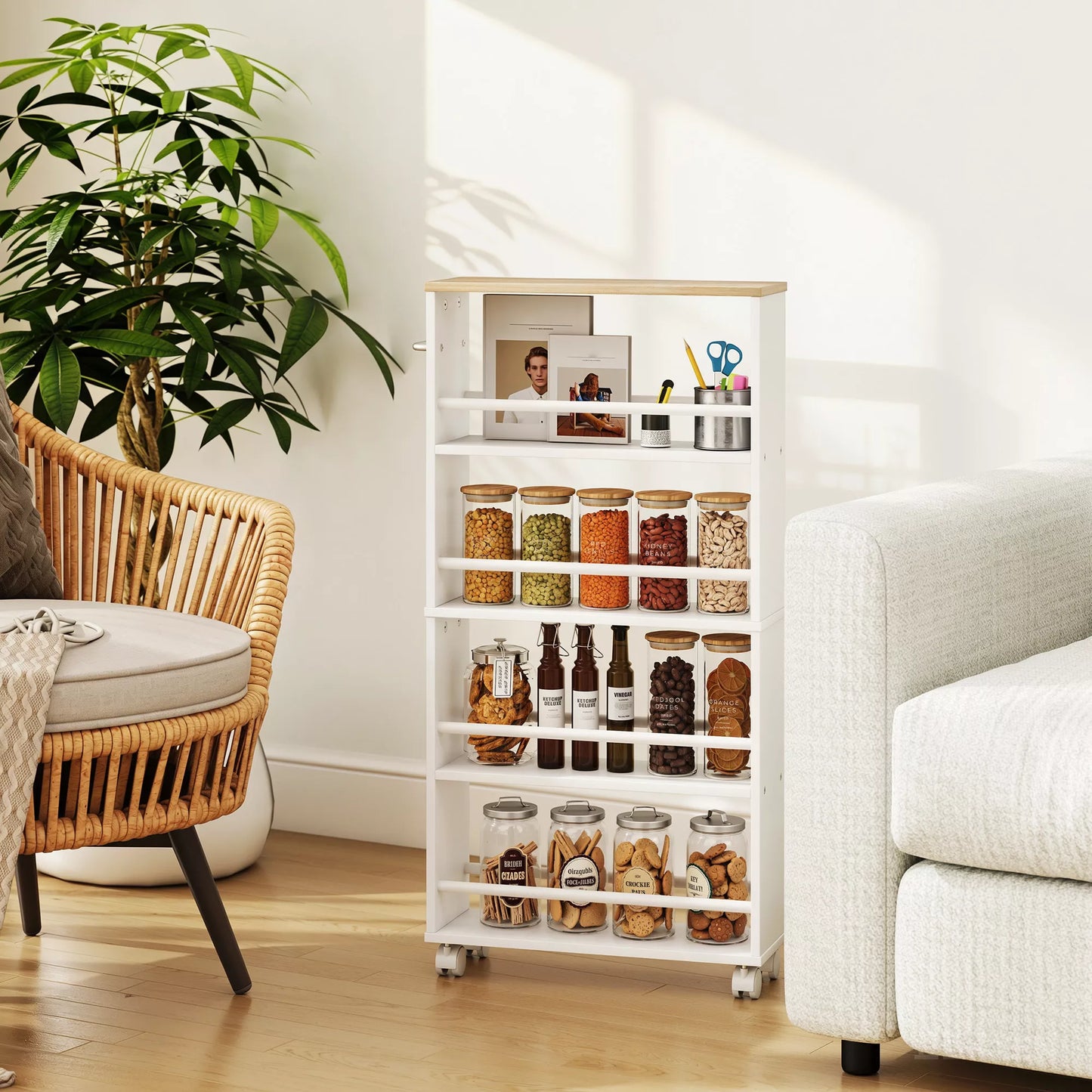 Daugiafunkcinė lentyna ant ratukų, siauras dizainas, 4 skyriai, 45x15x91 cm, Natūrali spalva