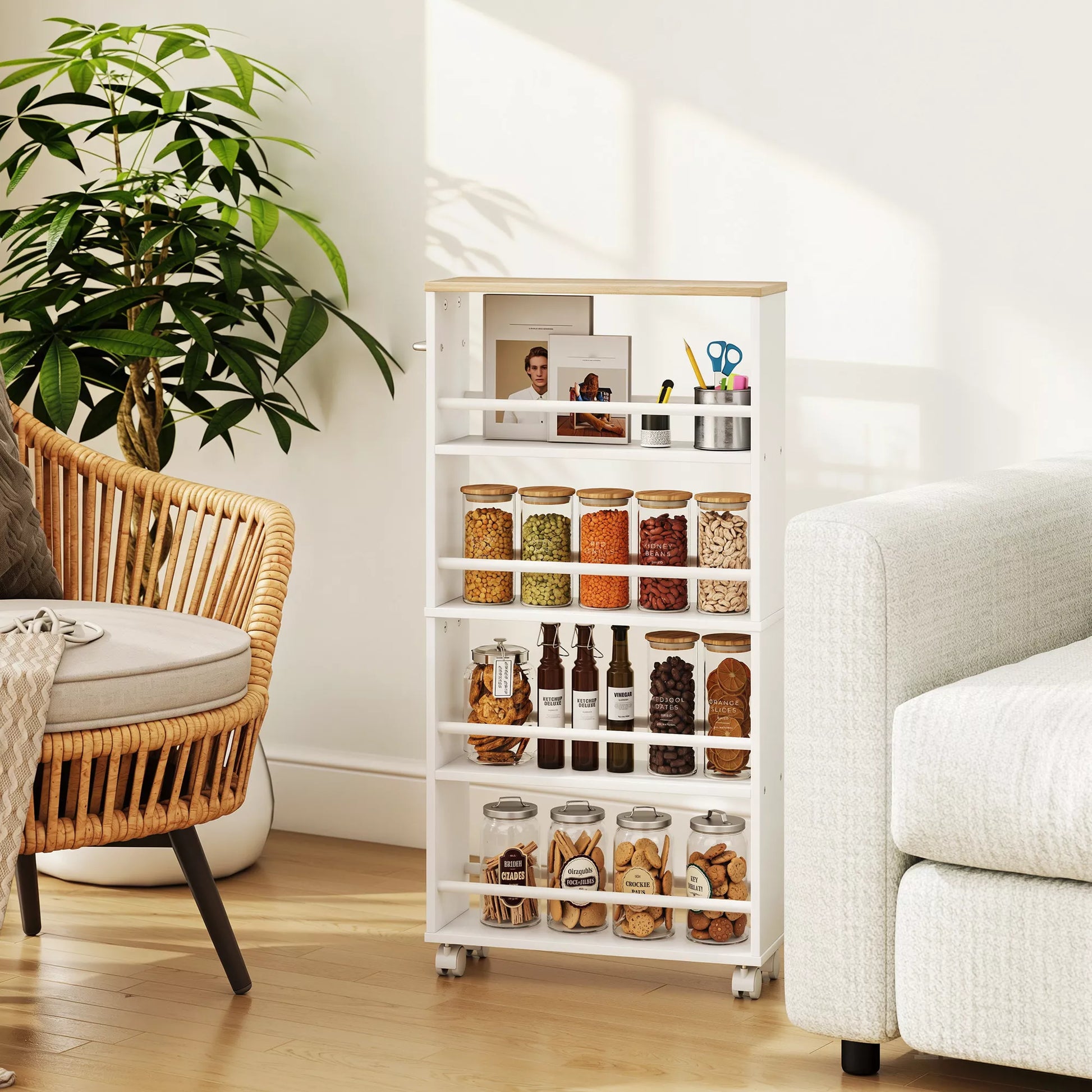 Daugiafunkcinė lentyna ant ratukų, siauras dizainas, 4 skyriai, 45x15x91 cm, Natūrali spalva