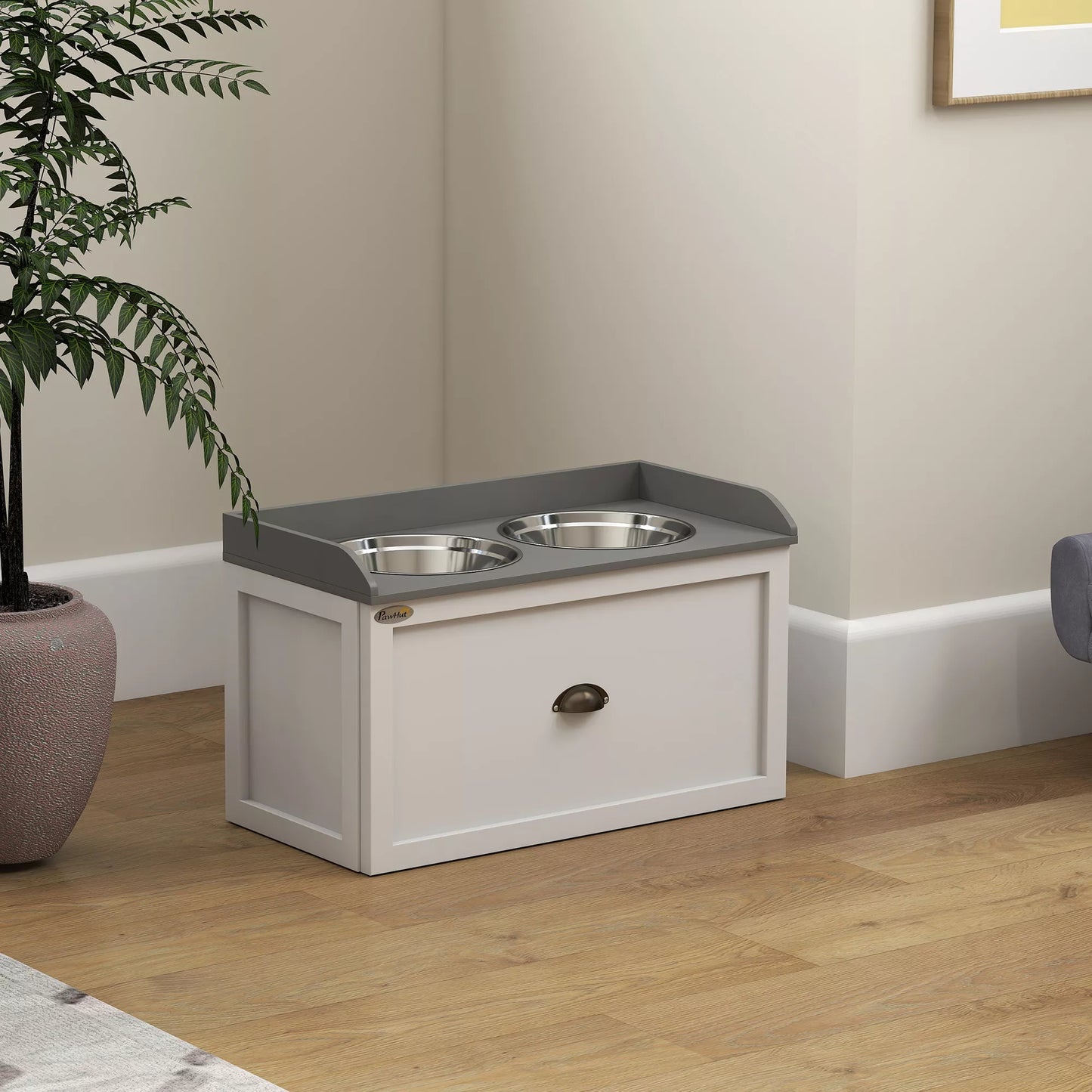 Pašaro stotis, 2 2 litrų talpos dubenėliai, nerūdijantis plienas, su stalčiumi, dideliems šunims, balta+pilka, 60 x 30 x 36 cm