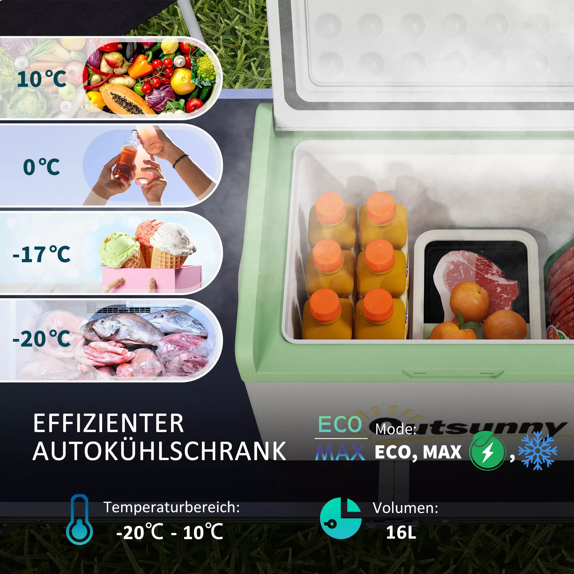 Automobilinis šaldytuvas, šaldymo dėžė, 16 l, nuo -20 °C iki 10 °C, ECO/MAX, 60 x 32 x 26 cm, žalia/pilka