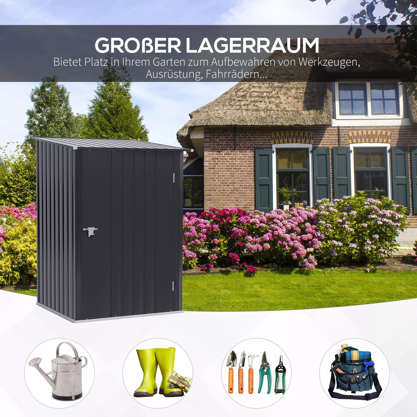 Tamsiai pilkas plieninis sodo namelis 100 x 103 x 160 cm