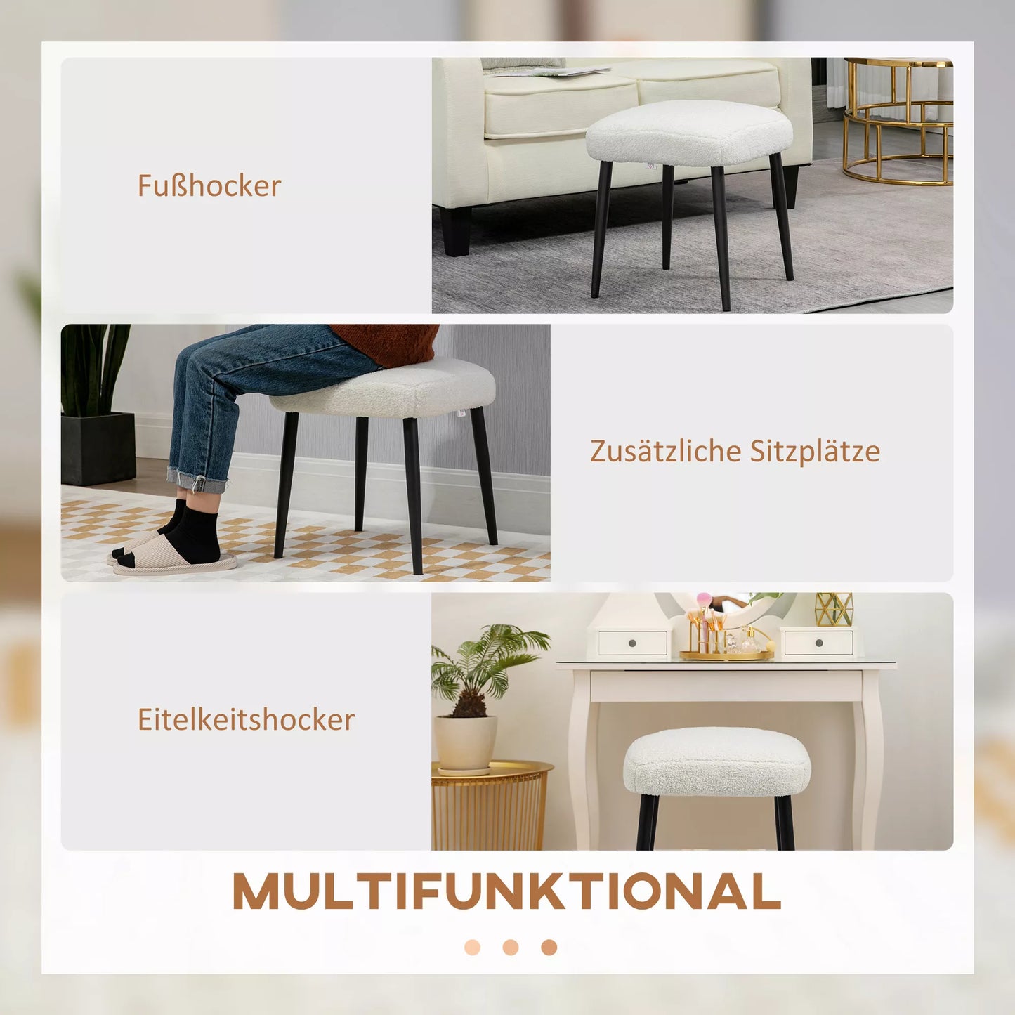 Pufas, sėdima taburetė, kašmyro išvaizdos, kojų pufas, kreminės baltos spalvos