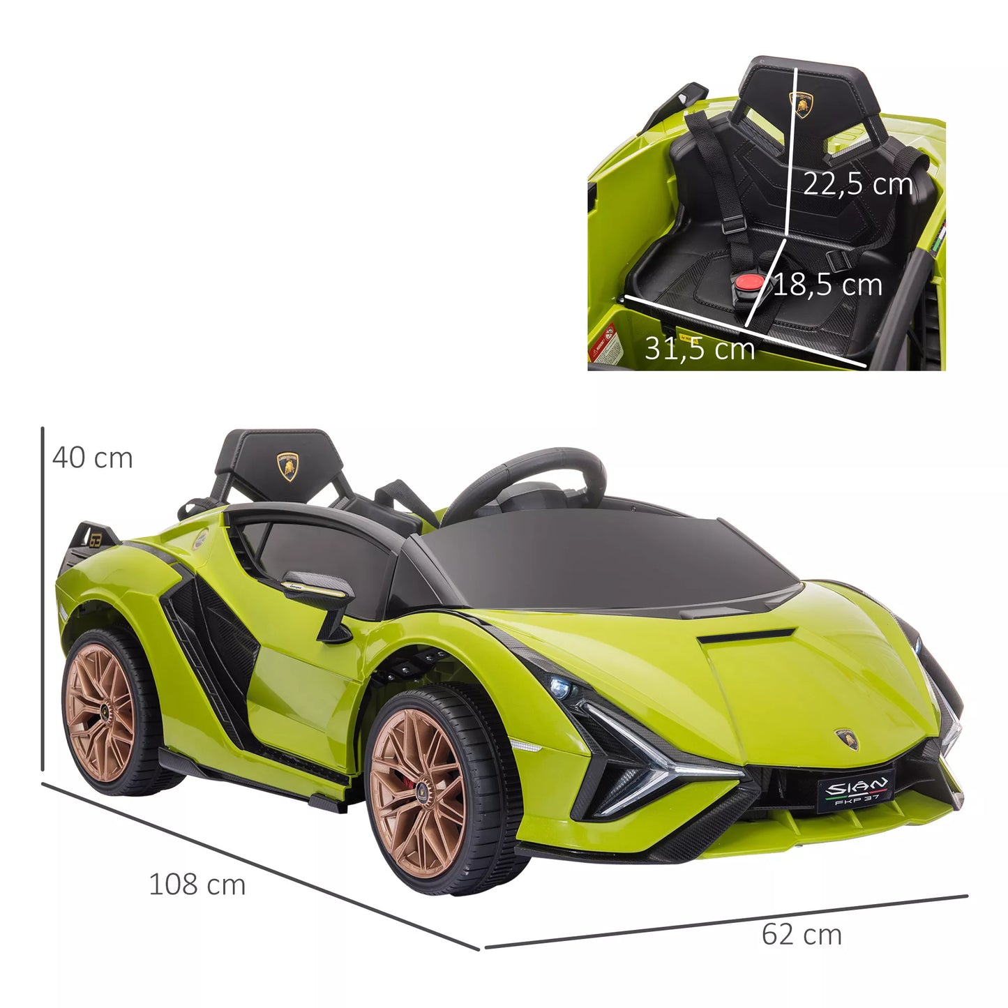 Vaikų elektromobilis Lamborghini, 3-5 km/h, su nuotolinio valdymo pultu, 3–5 metų vaikams, žalias